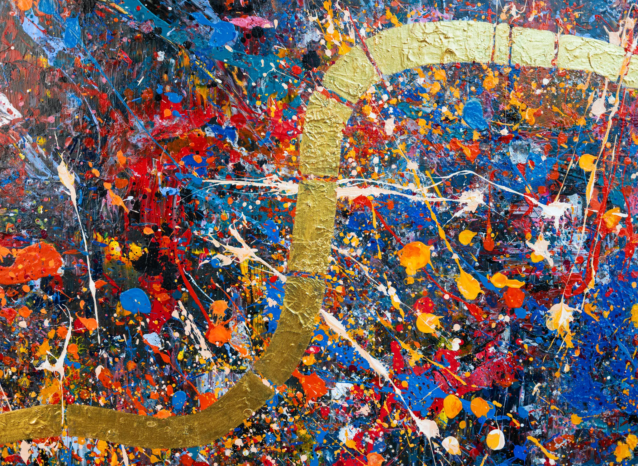 Close-up of Golden Flowing Thames, an original painting by Paul Kenton: thick gold metallic bands curve across a dense spatter of red, blue, orange and white paint.
