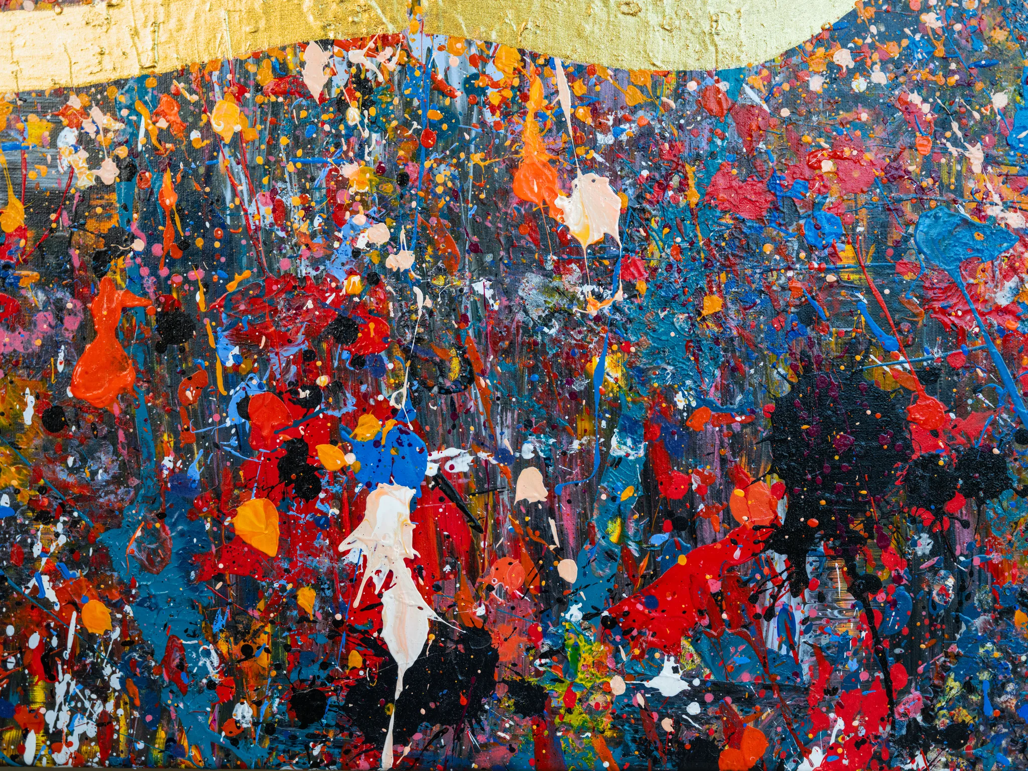 Close-up of Golden Flowing Thames, an original mixed media painting by Paul Kenton: dense splashes of red, blue, orange and black paint over a gold metallic band at the top.
