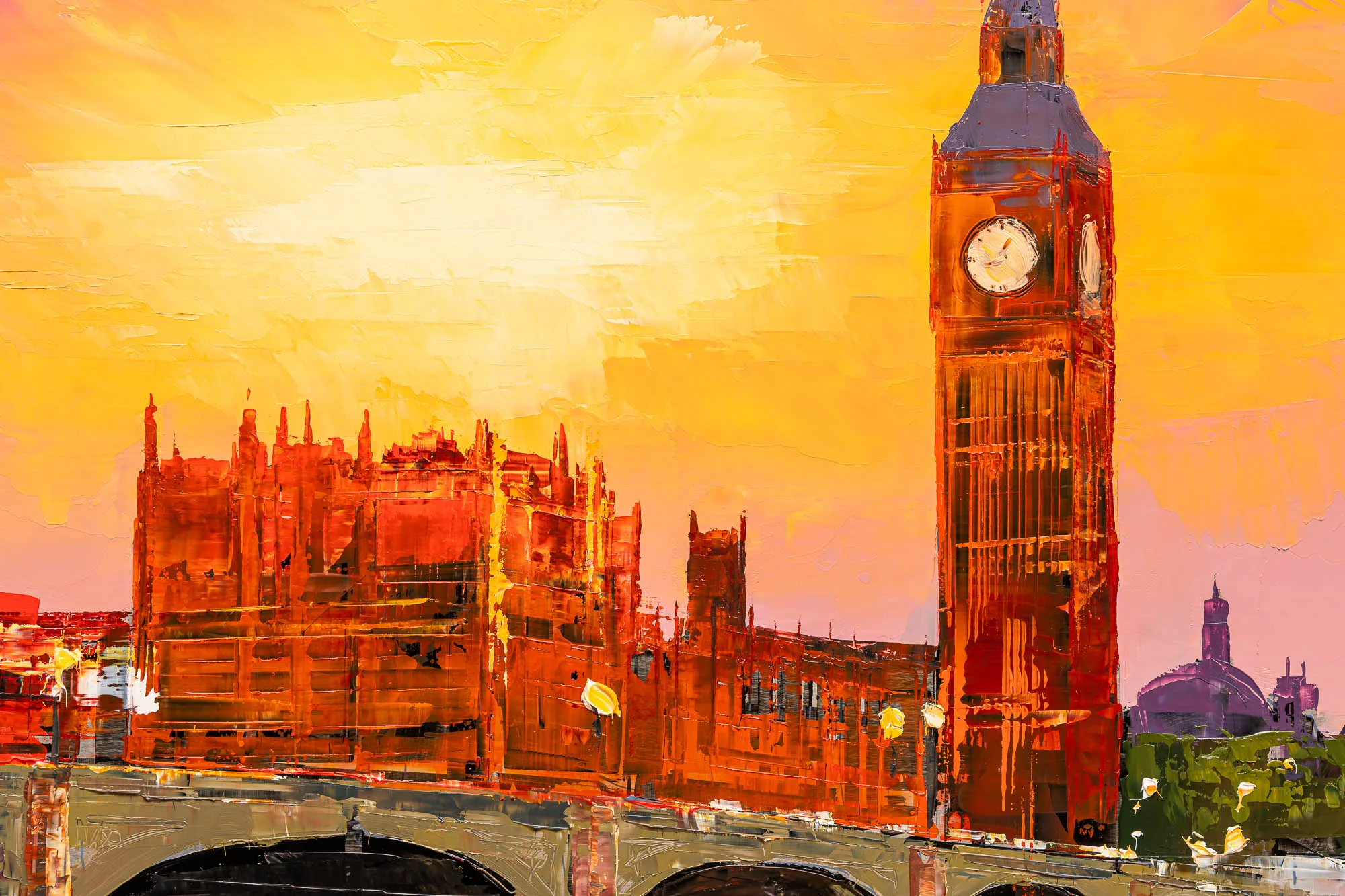 Close-up of London Ablaze by Paul Kenton: Big Ben and the Palace of Westminster in thick orange brushstrokes under a glowing sunset.