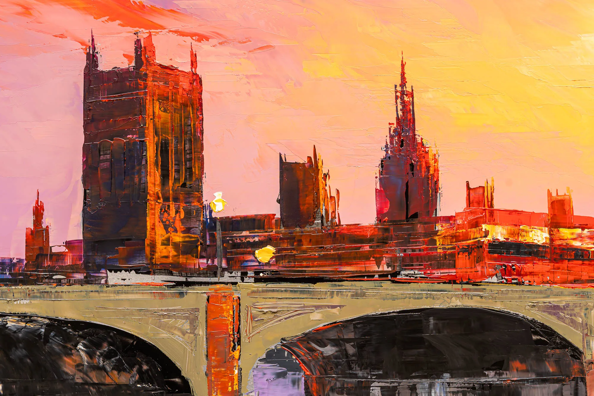 Detail of London Ablaze, an original painting by Paul Kenton: thick, textured strokes show a bridge arch and gothic towers against a fiery orange and pink sunset sky.