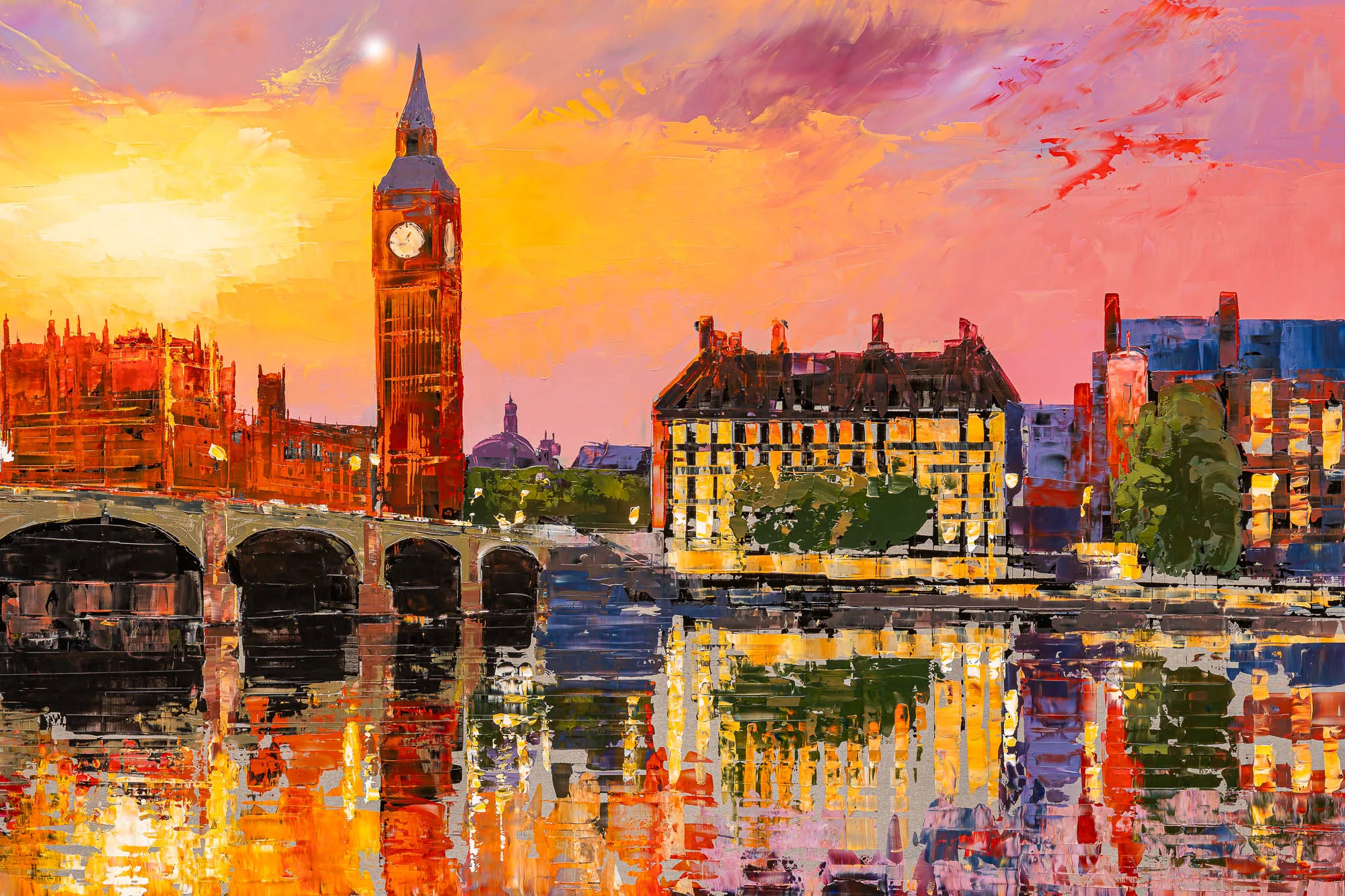 Detail of London Ablaze, an original oil painting by Paul Kenton: a thick-textured view of a clock tower and riverside buildings at sunset, with warm orange, pink and gold tones reflected in the water.