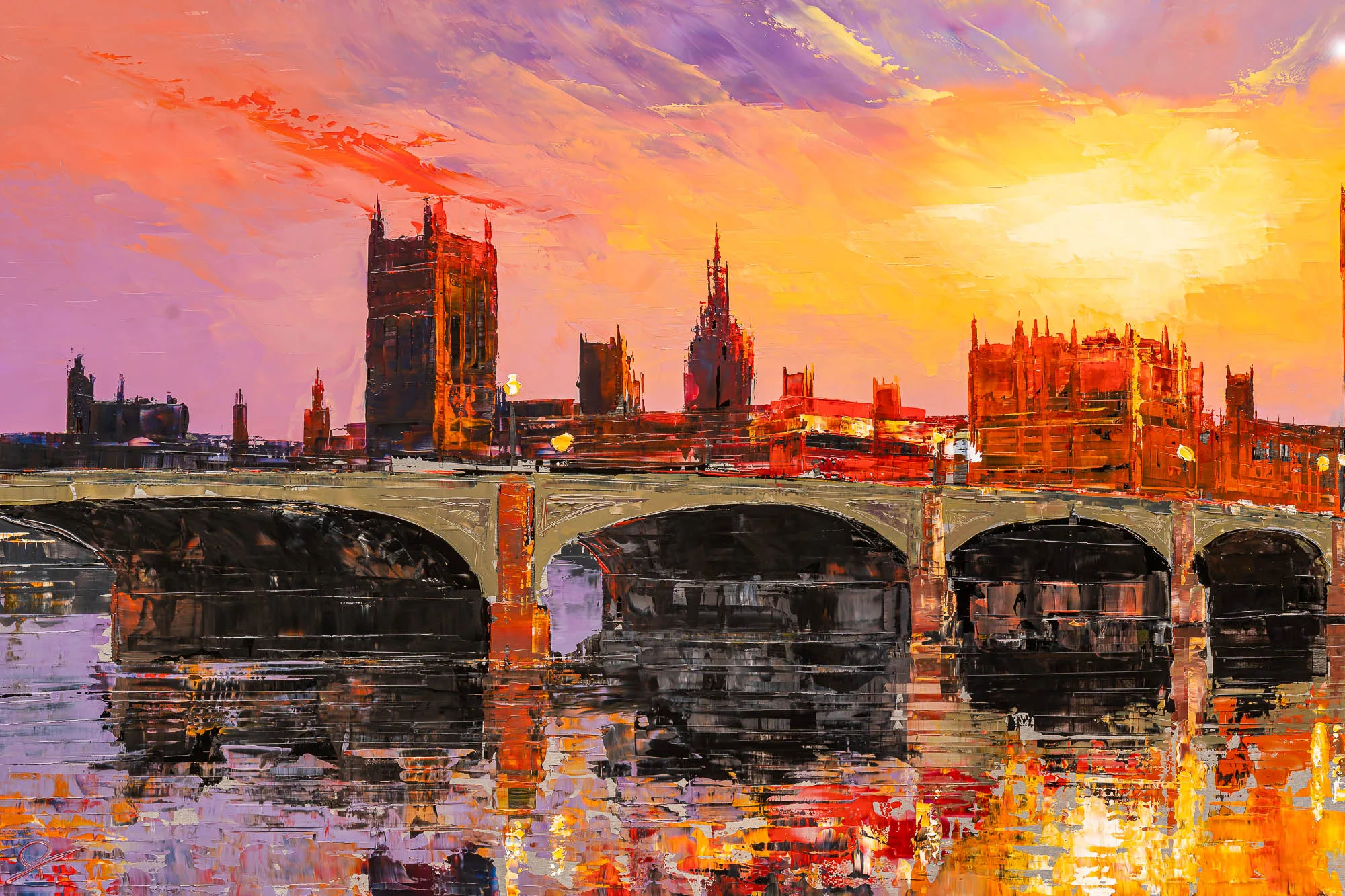 Close-up of London Ablaze, an original oil painting by Paul Kenton showing a bridge over the Thames with Westminster's towers glowing orange against a sunset sky, with thick, textured brushwork.