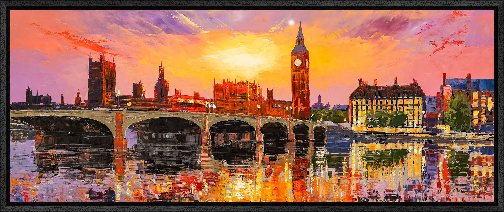 London Ablaze, an original painting by Paul Kenton in a black floating frame: a glowing sunset over Big Ben and the Thames.