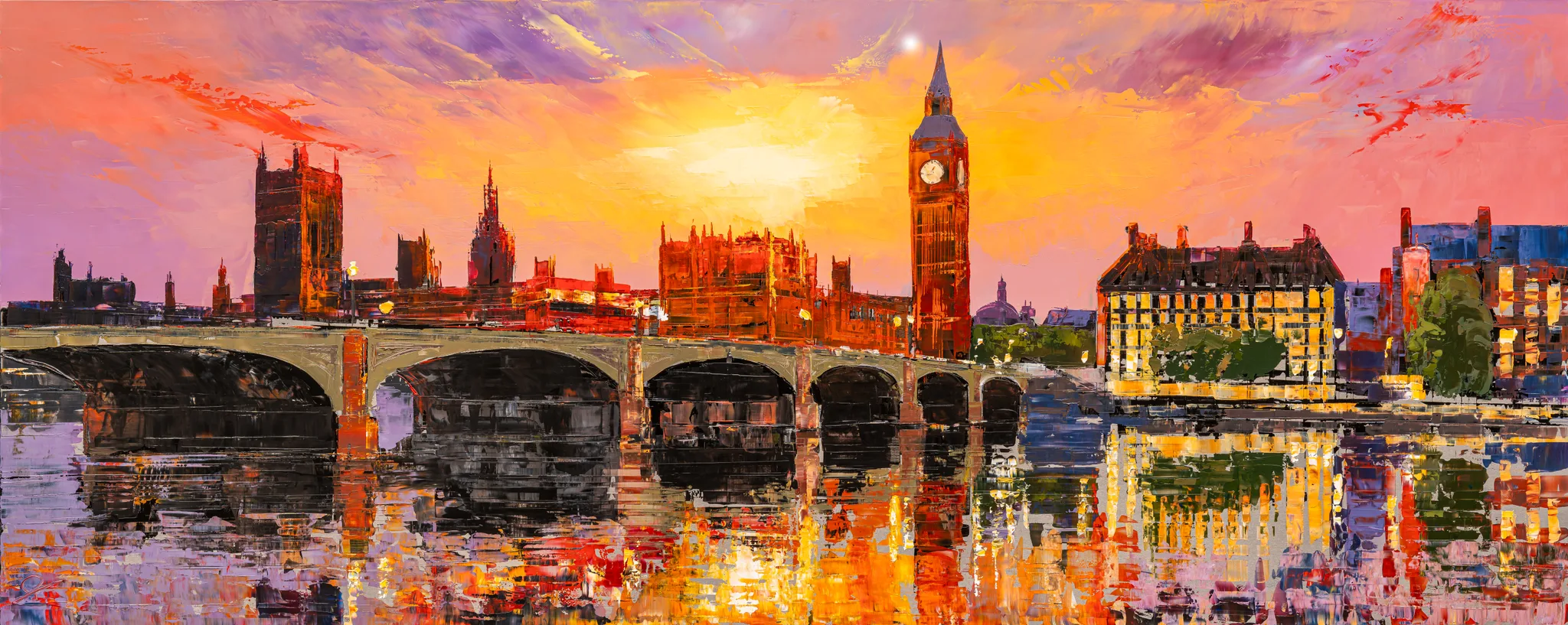 London Ablaze, an original painting by Paul Kenton: Big Ben and the Palace of Westminster beyond Westminster Bridge under a fiery orange sunset, reflected in the Thames.