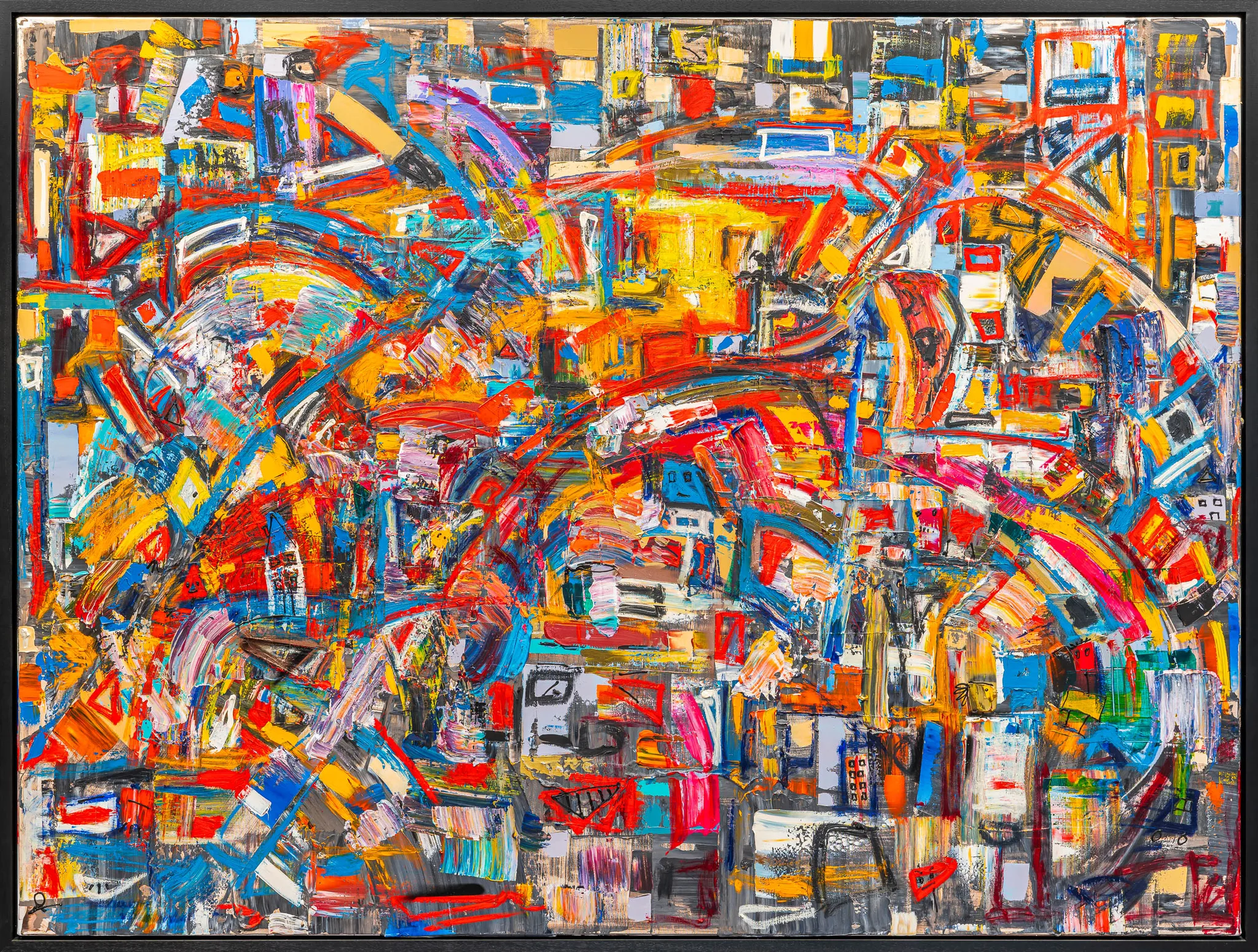 Laid Back, an original painting by Paul Kenton in a black floating frame: a dense, energetic abstract of looping red, blue and gold brushstrokes over fragmented blocks of colour.