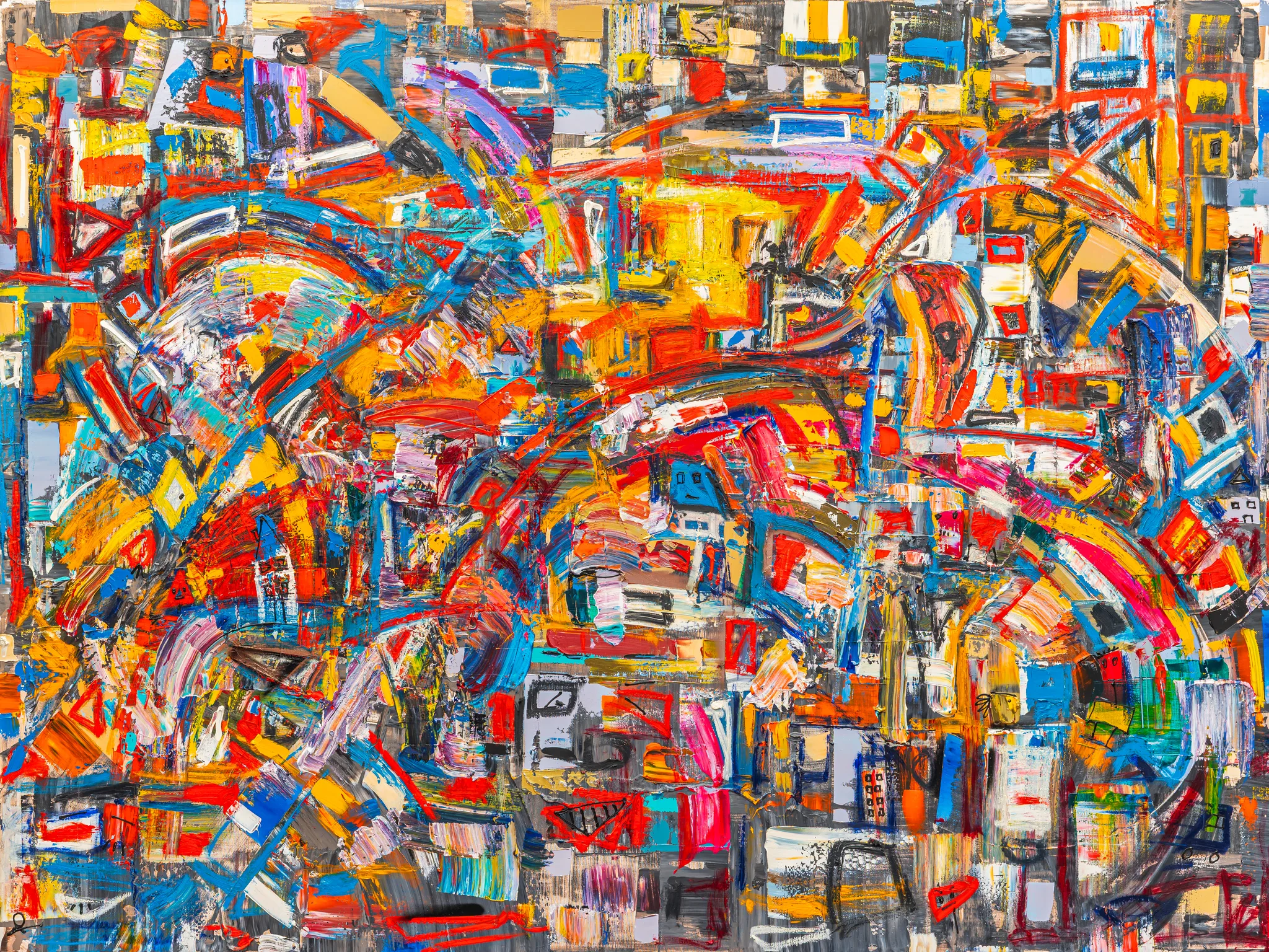 Laid Back, an original painting by Paul Kenton: a dense, energetic abstract cityscape of overlapping arches, rectangles and bold brushstrokes in red, orange, yellow and blue, with flashes of metallic sheen.