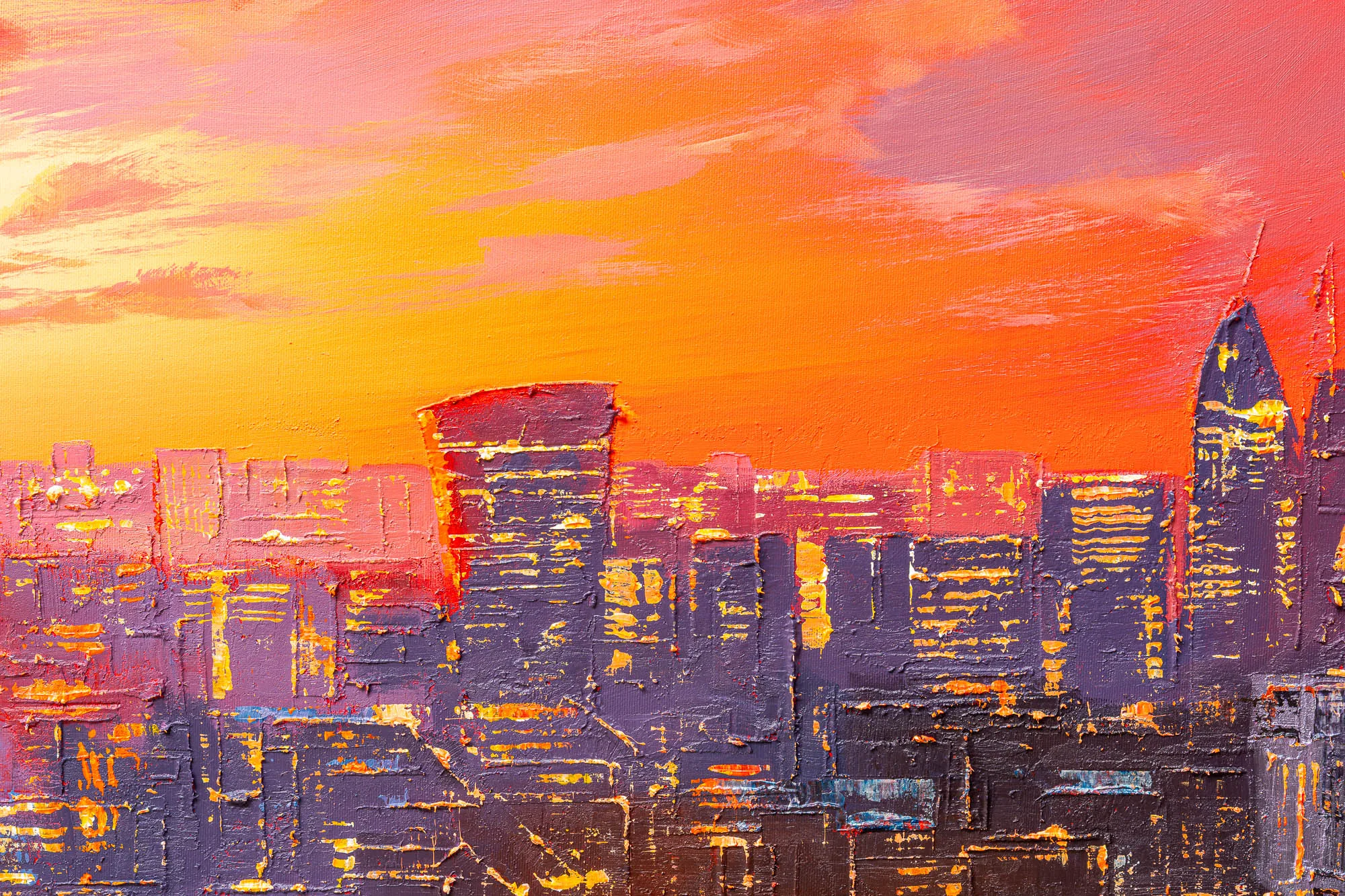 Close-up of London Embers, an original painting by Paul Kenton: thick palette-knife strokes show a dusk skyline of purple towers lit with gold windows beneath a fiery orange and pink sky.