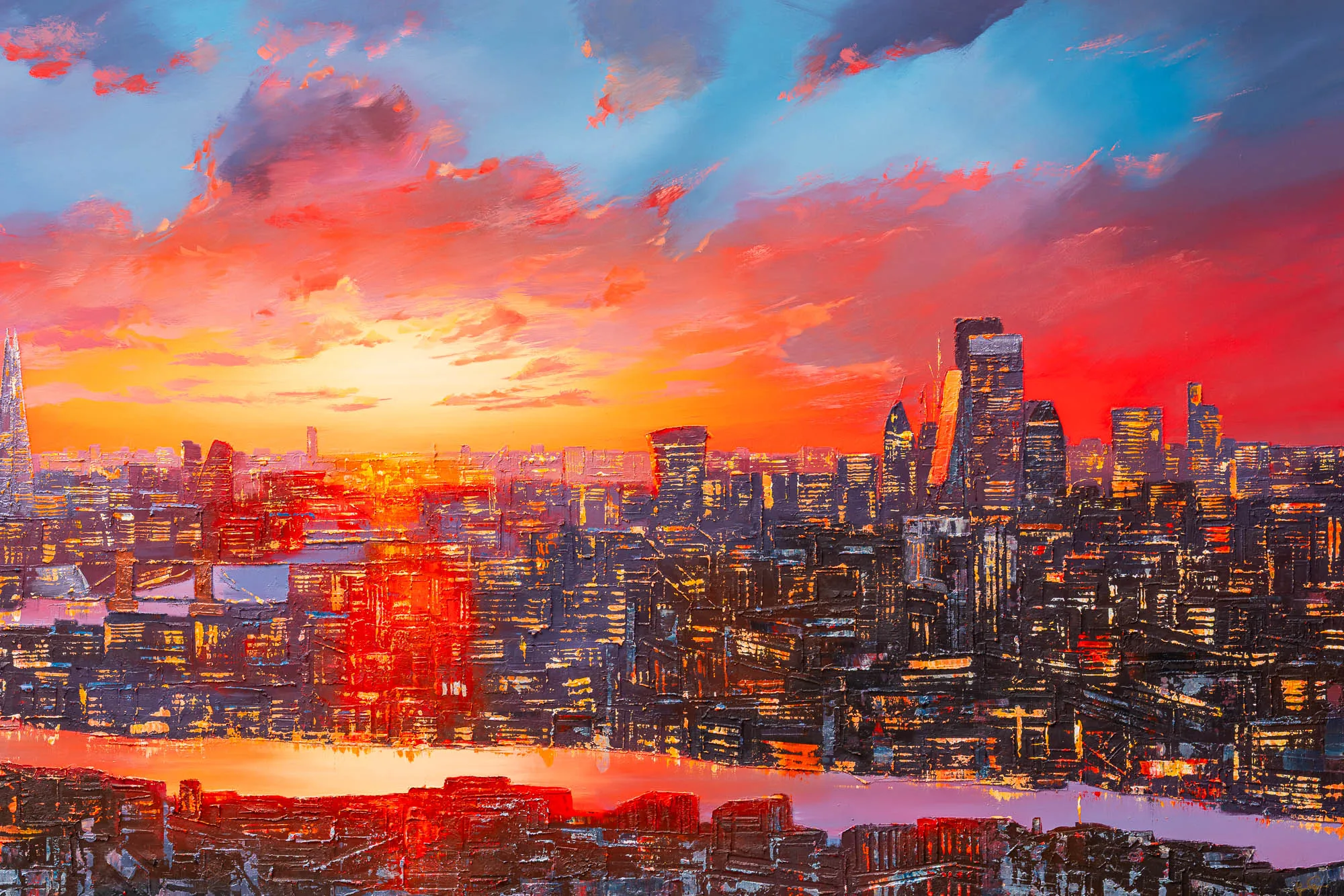 London Embers, an original painting by Paul Kenton: a close-up of a textured London skyline at sunset, with glowing orange and red clouds above thick, dark towers and reflected light on the river.