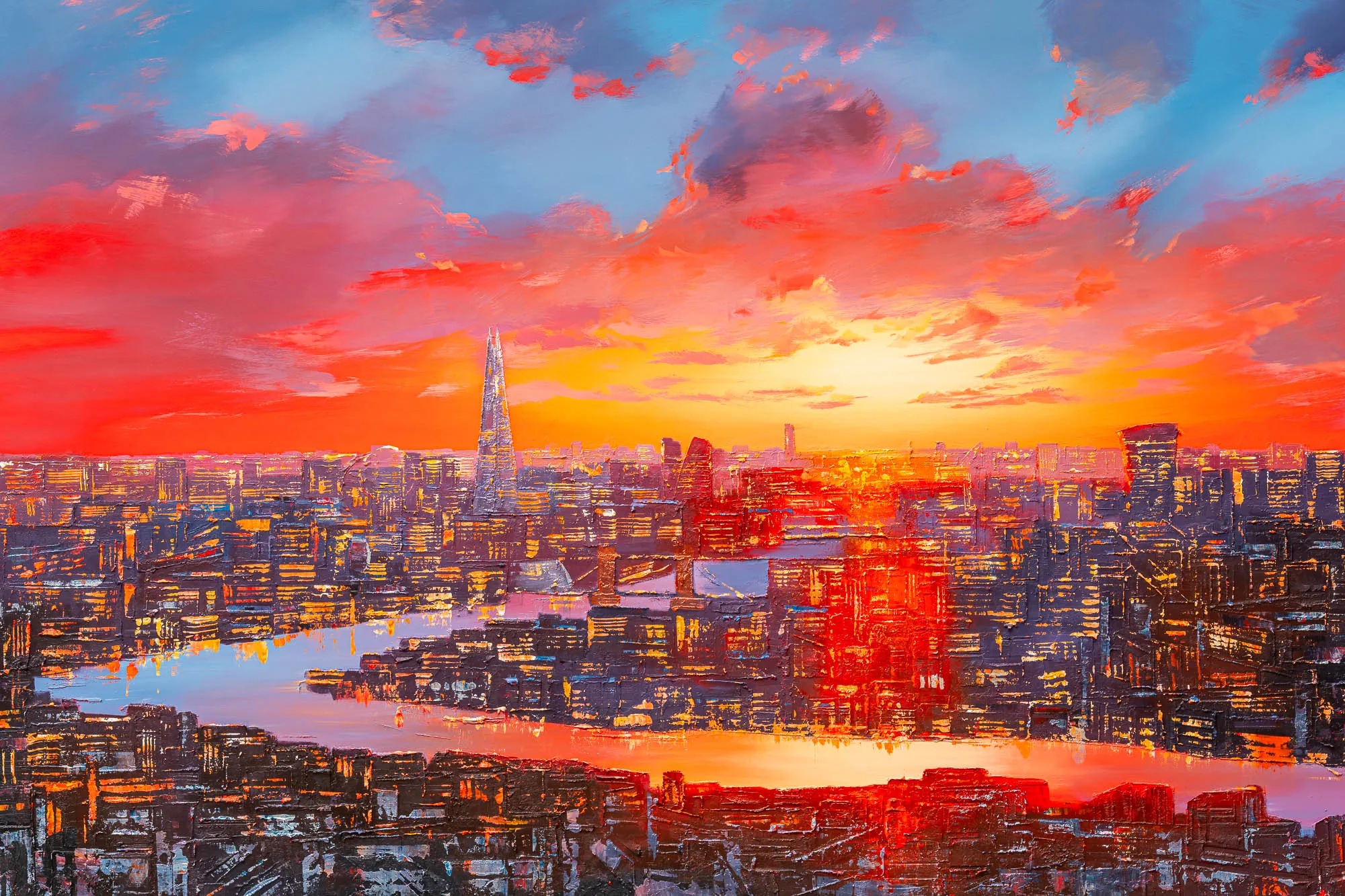 London Embers, an original painting by Paul Kenton: a close-up of thick, textured brushwork on a fiery sunset sky over a dense city skyline, with the Shard rising at left.