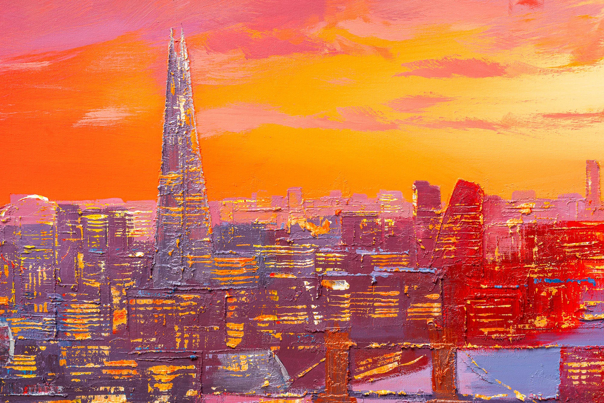 Close-up of London Embers, an original painting by Paul Kenton, showing thick textured brushwork of the City skyline at sunset, with a tall spire rising through orange and red haze.
