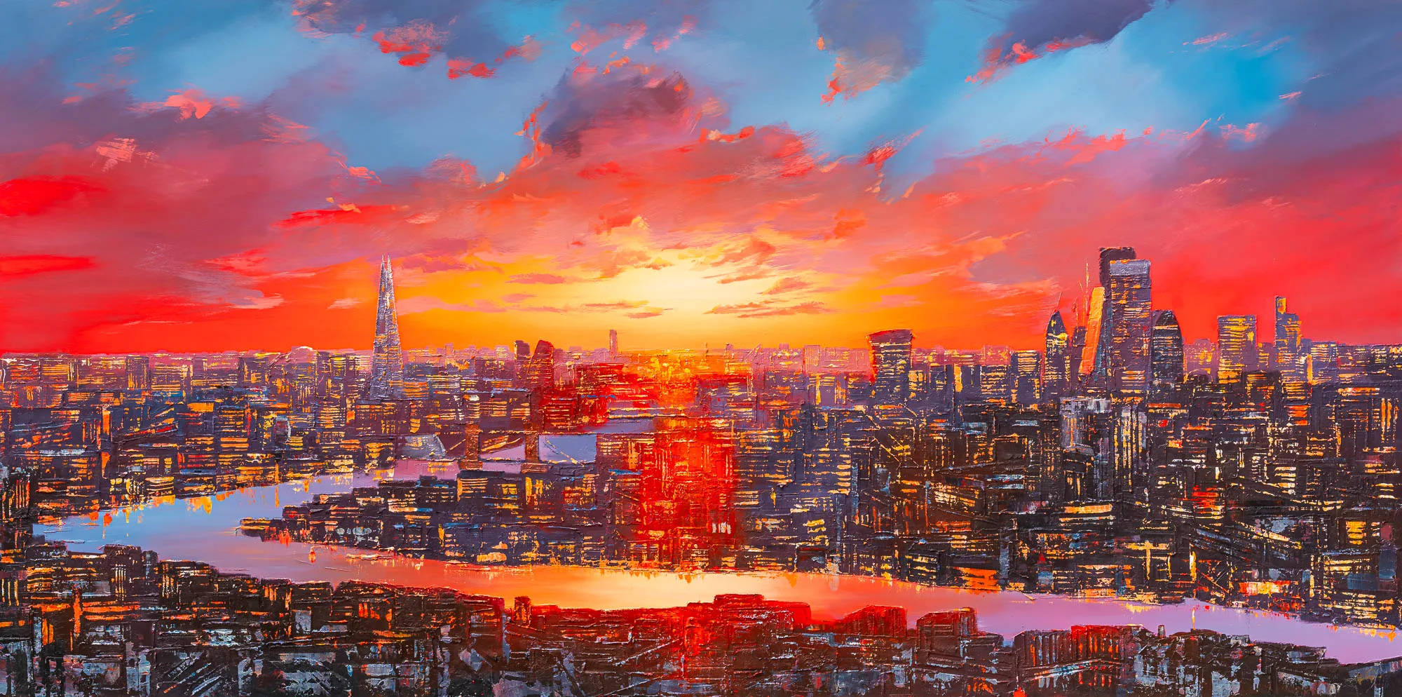 London Embers, an original painting by Paul Kenton: a bold, textured London skyline at sunset, with the Shard rising on the left under fiery orange and red clouds reflected in a winding river.