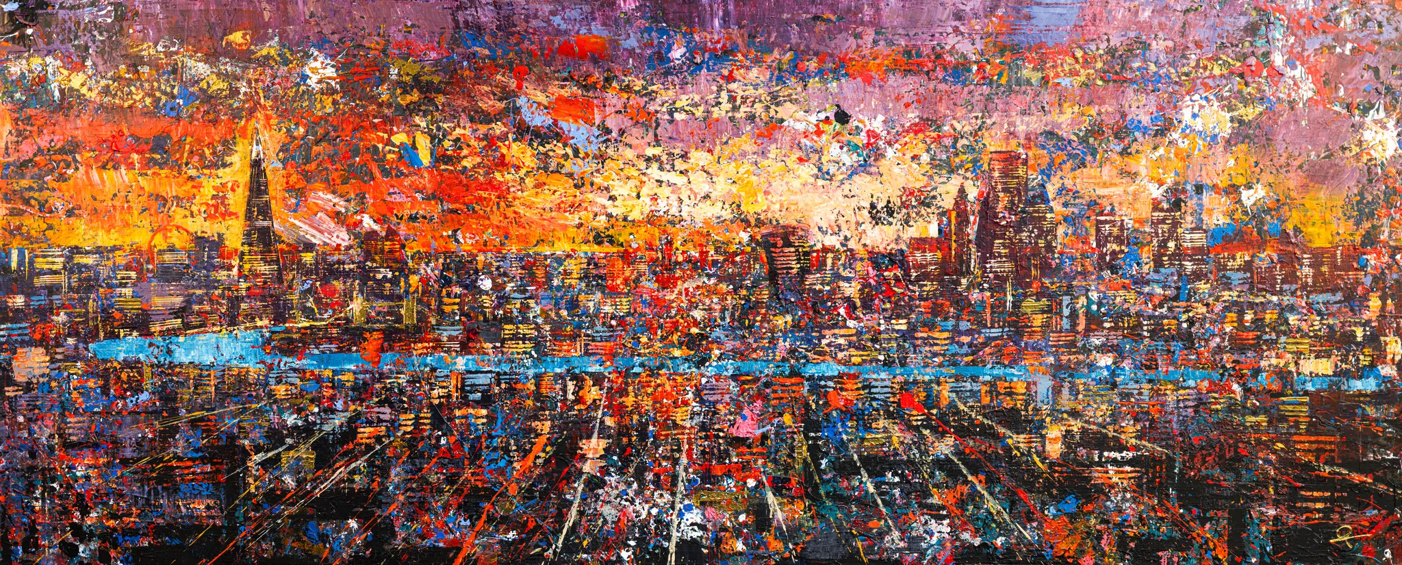 London in Motion, an original painting by Paul Kenton: a textured, panoramic London skyline at sunset, with a spire rising through fiery orange and magenta clouds above a dense, flickering city of red, blue and gold.