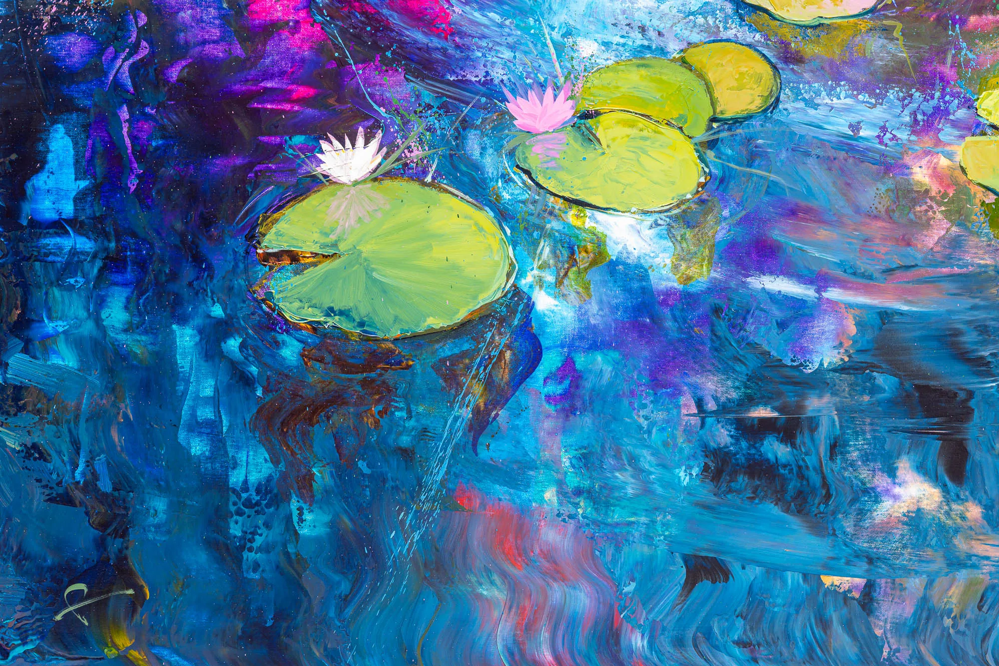 Close-up of Lily Light, an original painting by Paul Kenton: pale green lily pads and pink and white water lilies float on textured blue water streaked with violet, magenta and metallic flecks.