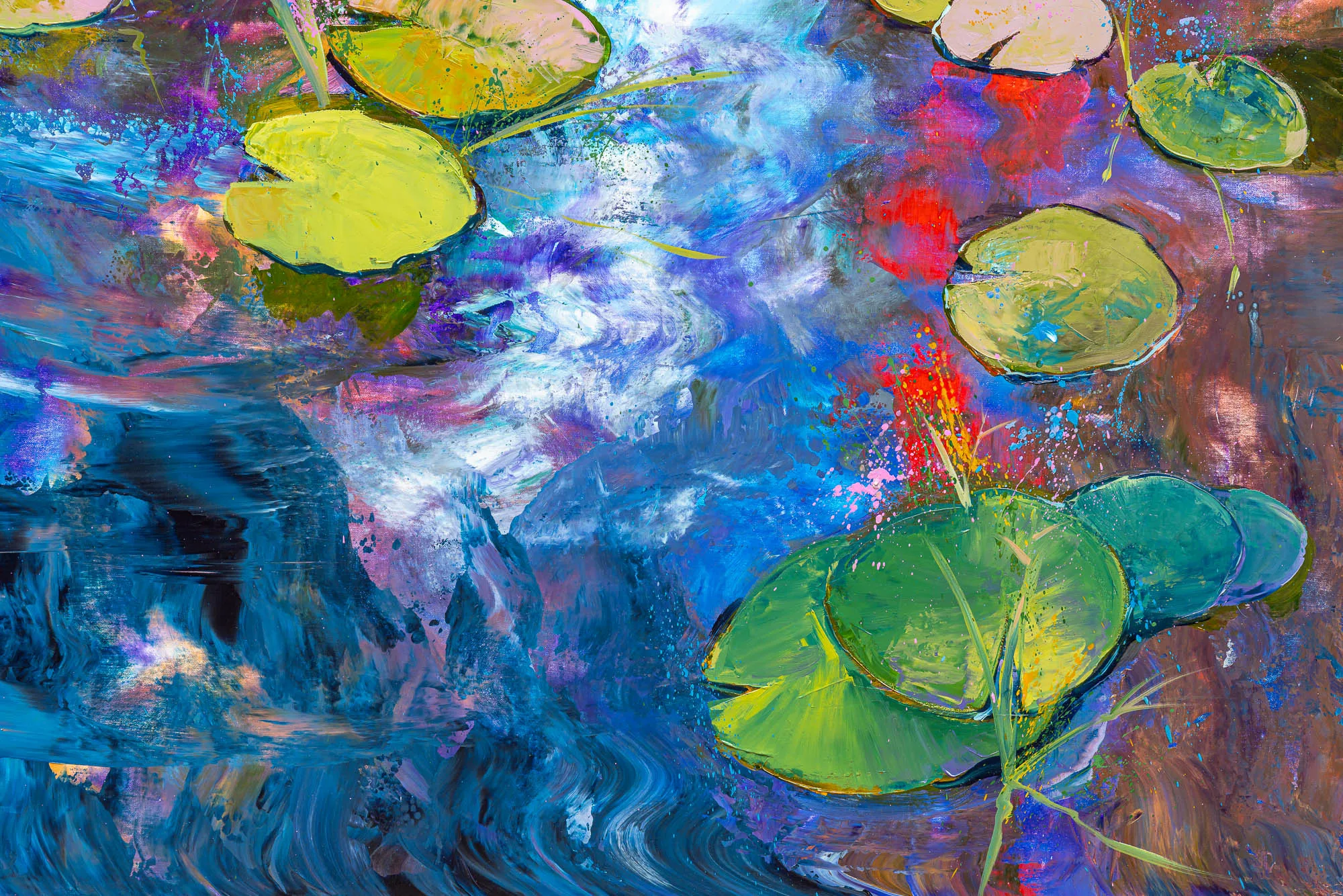 Close-up of Lily Light, an original painting by Paul Kenton, showing thickly textured green and yellow lily pads floating on a swirling pool of blue, violet and red paint.