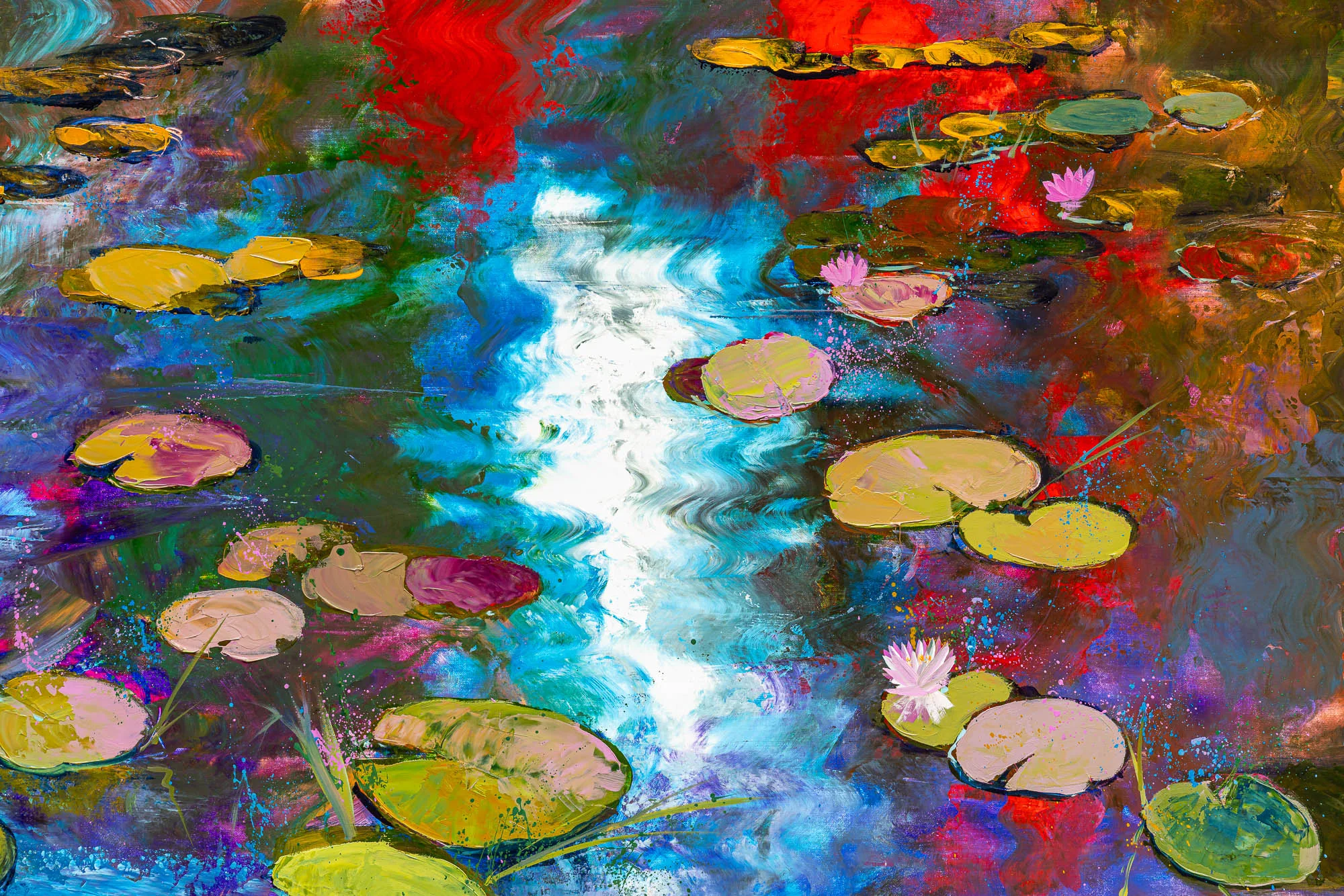 Close-up of Lily Light, an original painting by Paul Kenton: thick textured lily pads and pink water lilies float on a bright, swirling pool of red, blue and violet.