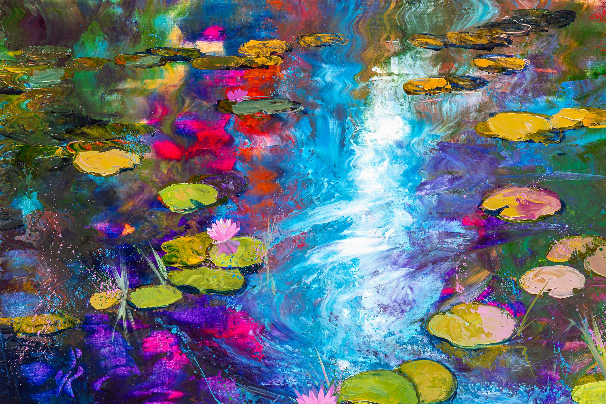 Close-up of Lily Light, an original painting by Paul Kenton: thick, textured strokes of turquoise, magenta and gold show lily pads and pink blooms on a shimmering, reflective pond.