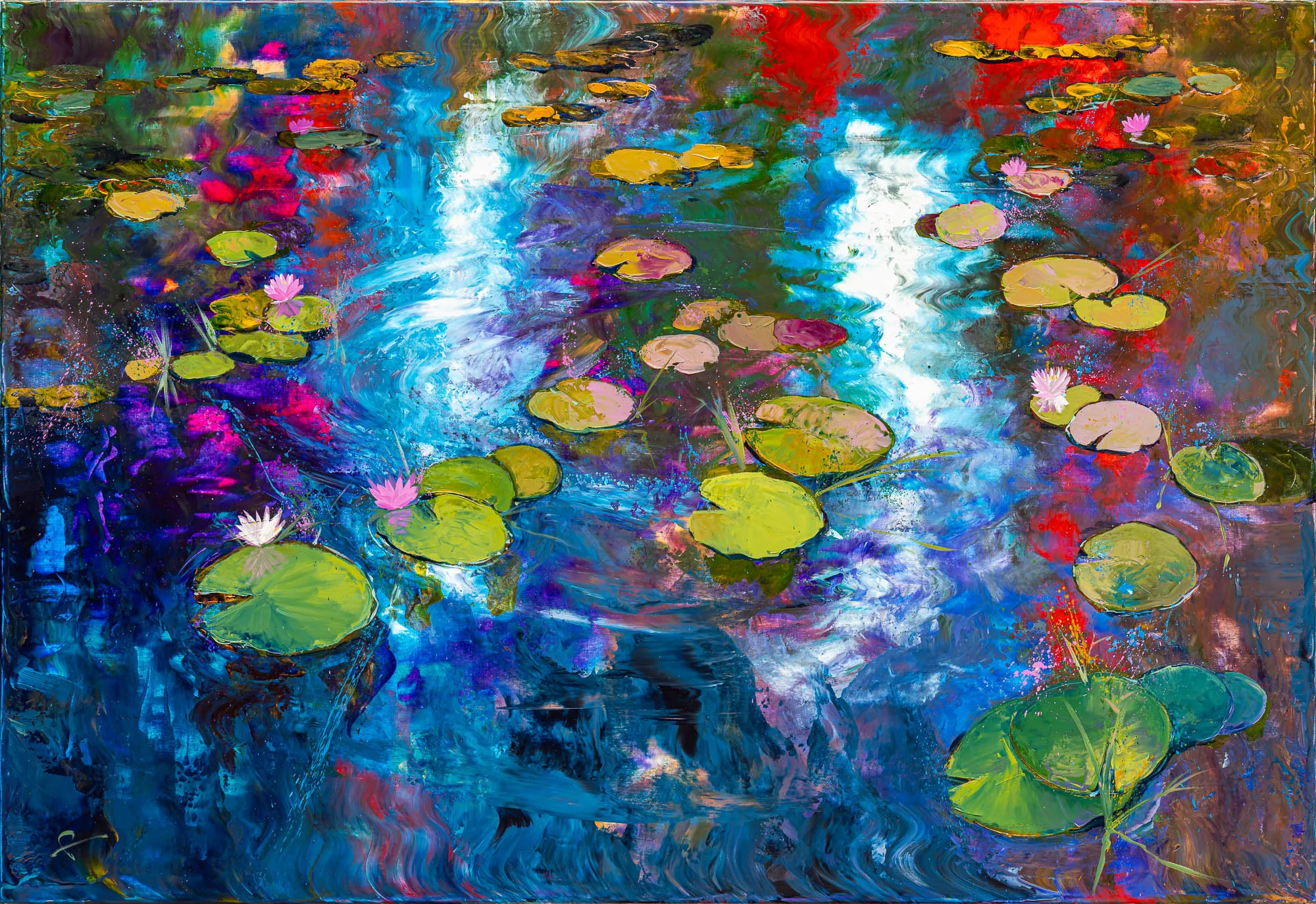 Lily Light, an original painting by Paul Kenton: water lilies with pink blooms float on a rippling pond of blue, violet and red reflections, with bright white light streaking through the textured surface.