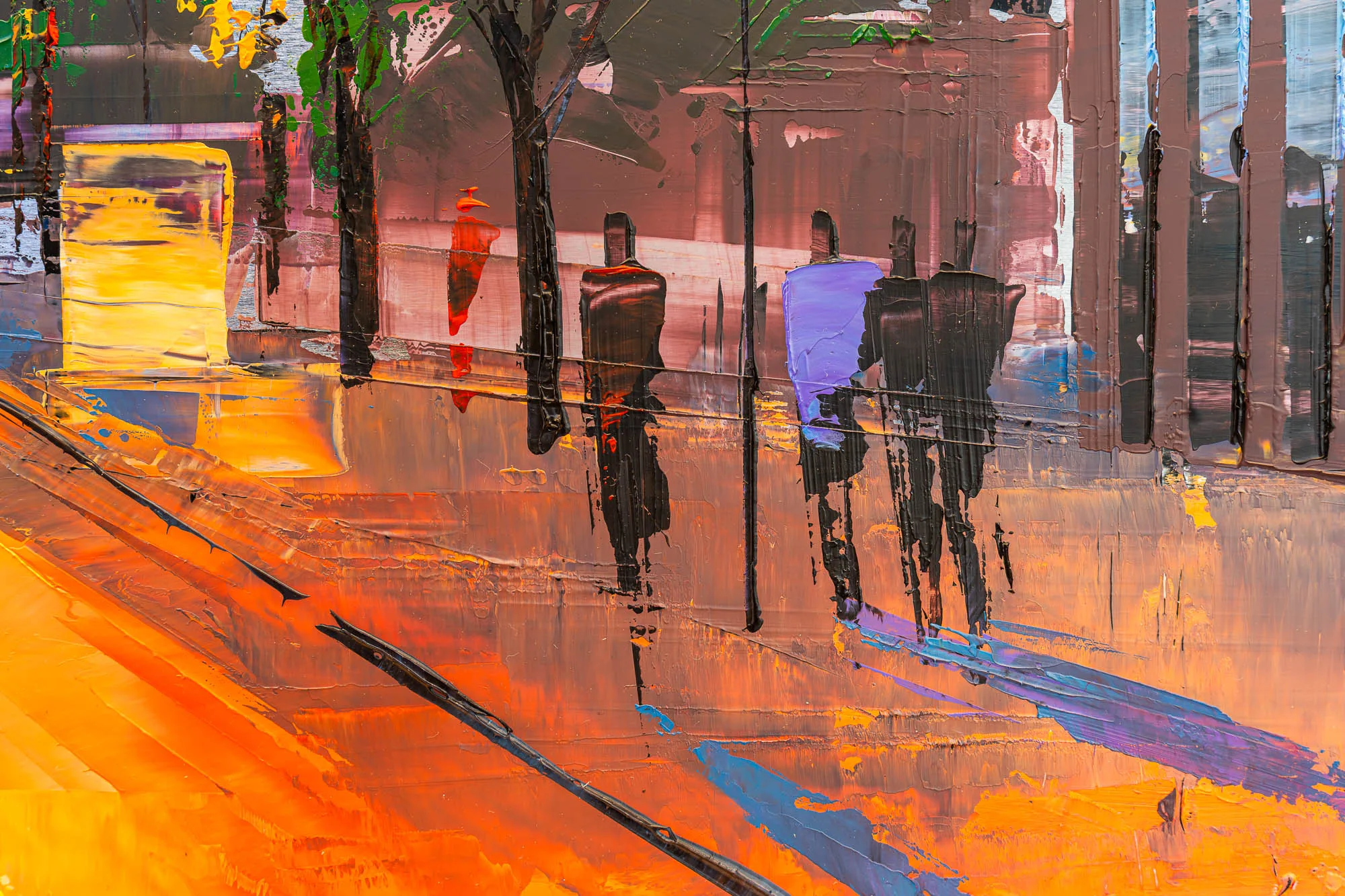 Close-up of Luminous London, an original painting by Paul Kenton, showing thick palette-knife strokes of orange, black and violet forming a blurred city street with silhouetted figures on the pavement.
