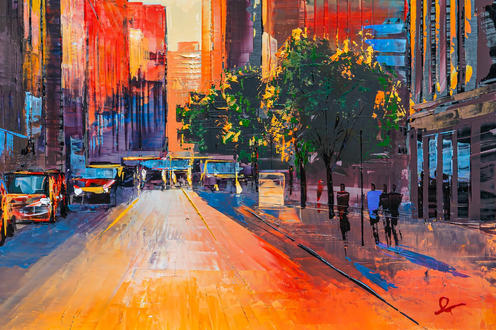 Luminous London, an original painting by Paul Kenton: a detail of a sunlit city street, with thick textured strokes of orange, red and blue, buildings lining the road and a row of trees.