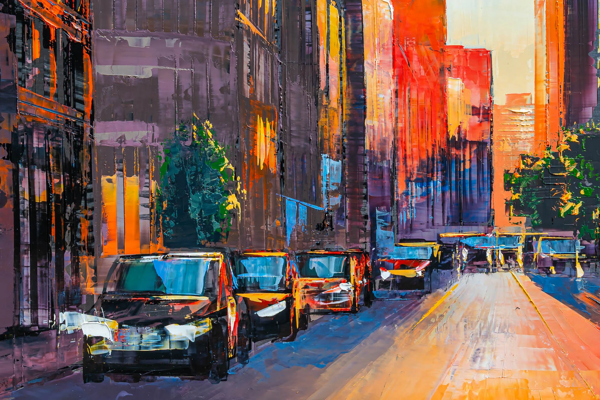 Close-up of Luminous London, an original painting by Paul Kenton: thick palette-knife strokes show parked cars and tall buildings in warm orange, red and violet light along a sunlit street.