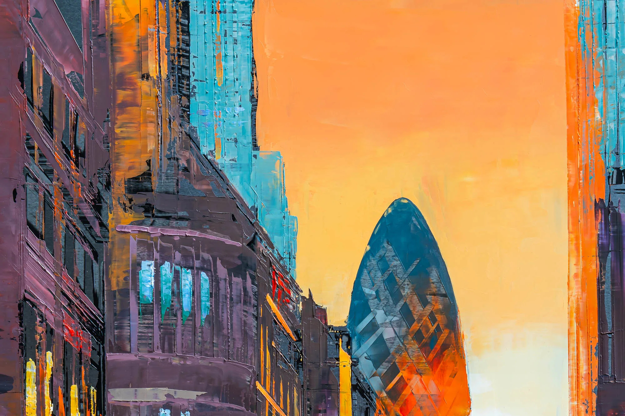 Close-up of Luminous London, an original painting by Paul Kenton: thick palette-knife strokes show a London street at dusk, with the curved, bullet-shaped Gherkin tower rising beneath a glowing orange sky.