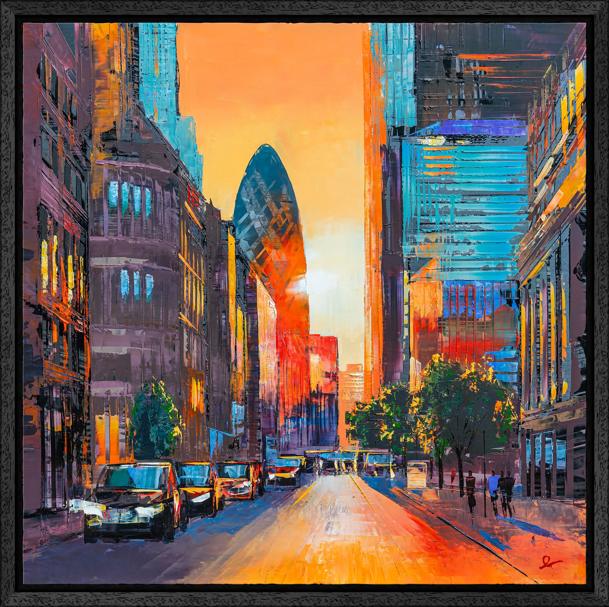 Luminous London, an original painting by Paul Kenton in a black frame: a sunlit London street at dusk, with a bulbous glass tower glowing orange at the end of the road, cars parked along the left and warm, bold colour throughout.