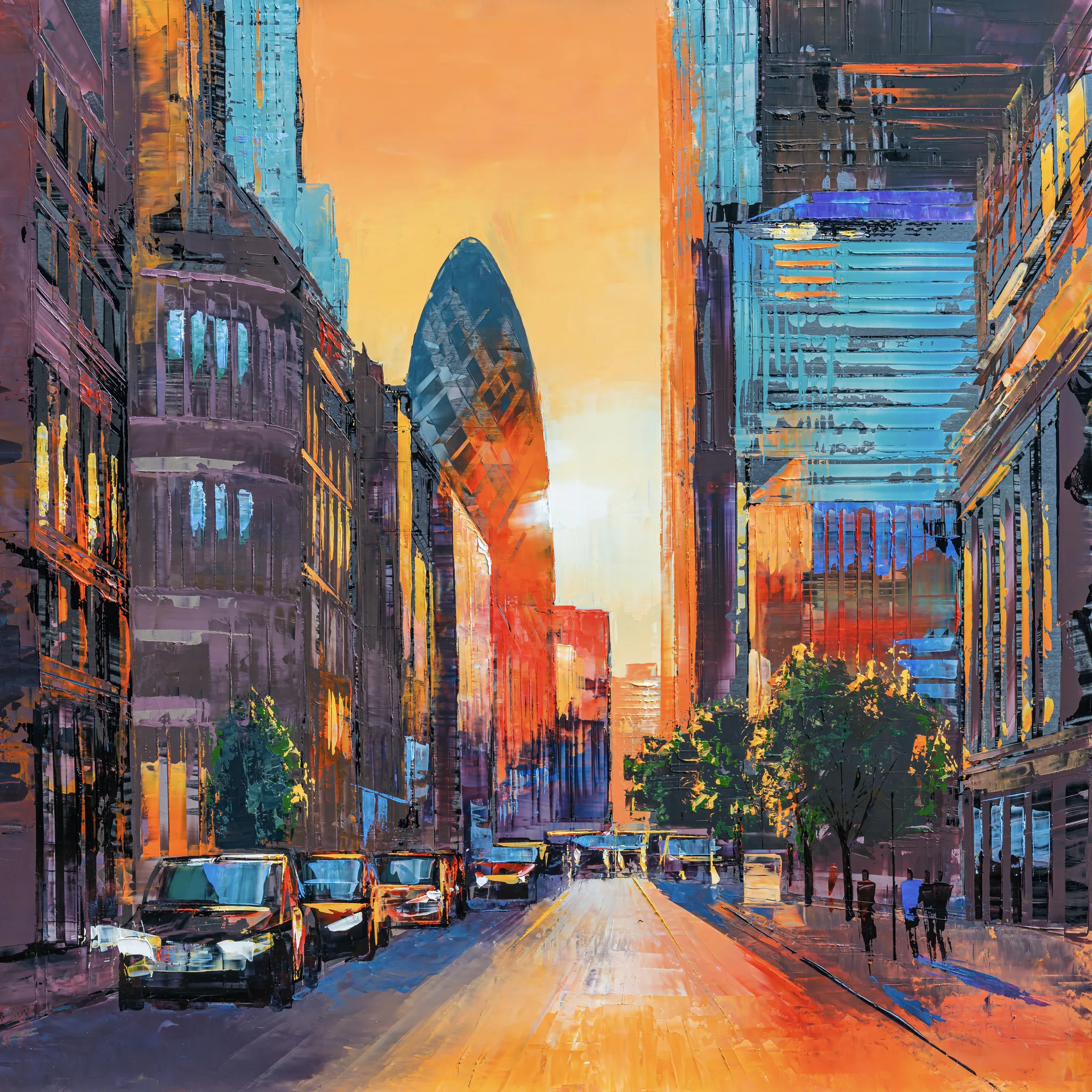 Luminous London, an original painting by Paul Kenton: a sunlit City of London street at dusk, with the curved Gherkin tower glowing orange at its end between blue glass towers and parked cars.
