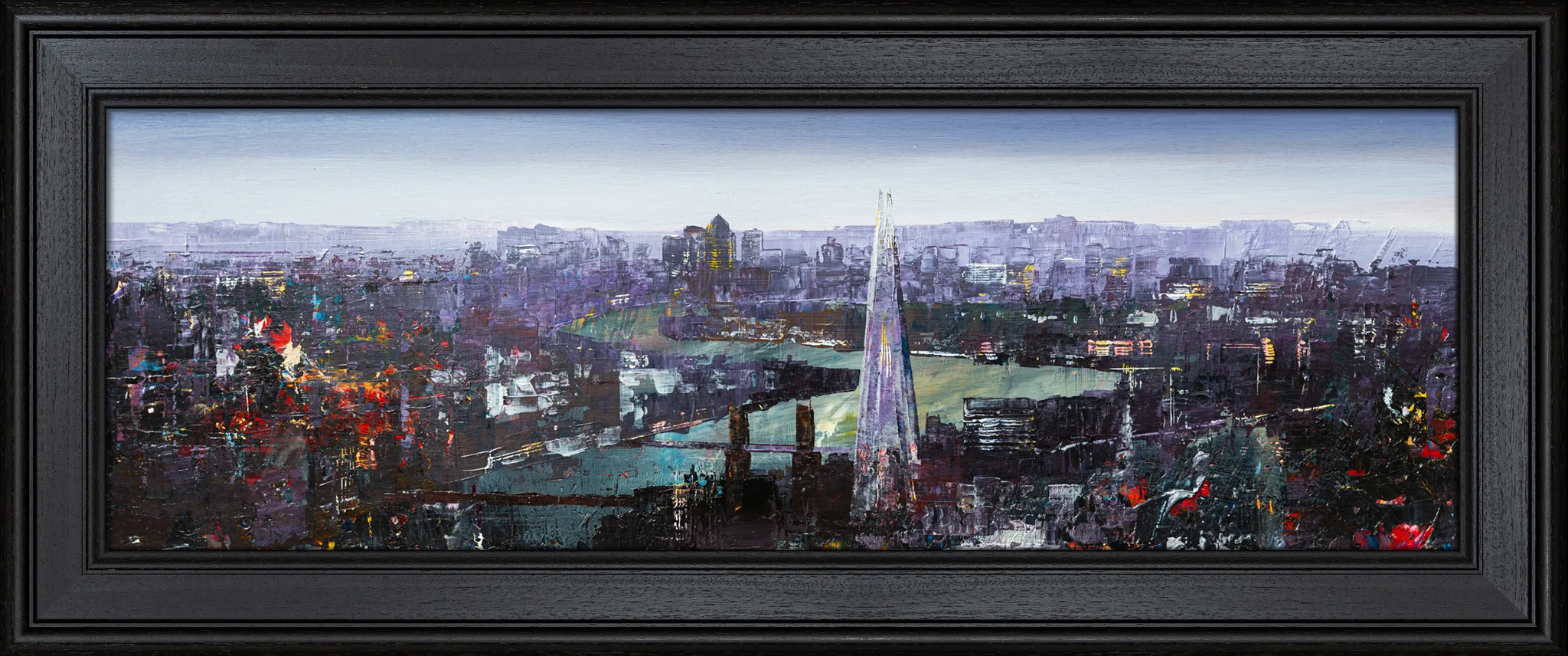 London Nocturne, an original painting by Paul Kenton in a black wooden frame: a wide panoramic London skyline at dusk, with a lilac sky, the glowing spire of The Shard at centre and textured purple and red city lights.