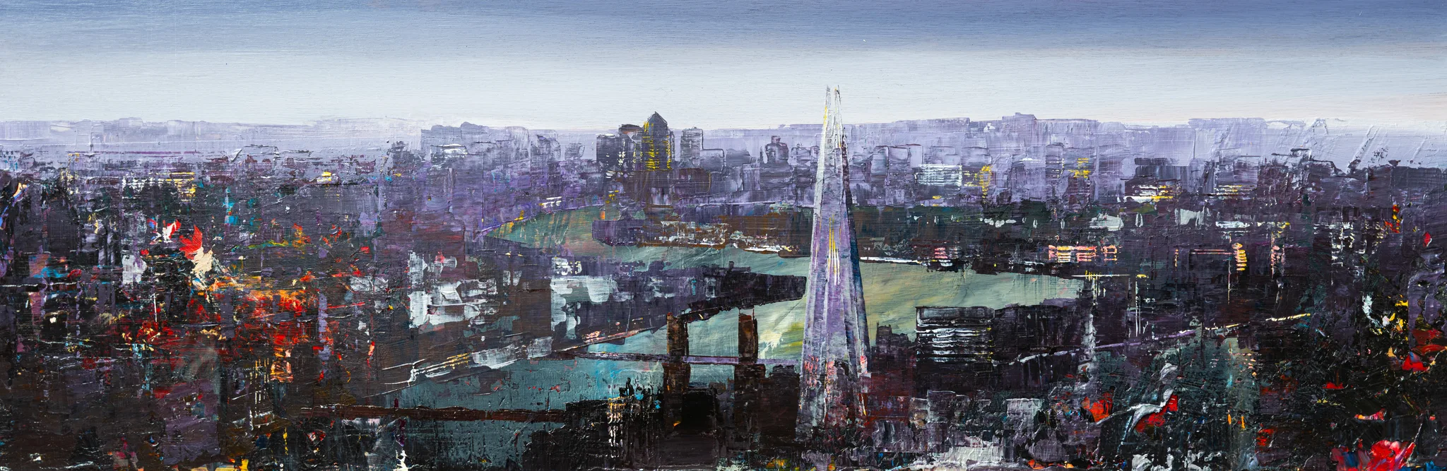 London Nocturne, an original painting by Paul Kenton: a wide view over a dusky, textured London skyline, with a tall pale spire rising centre right above a river and scattered red and amber lights.