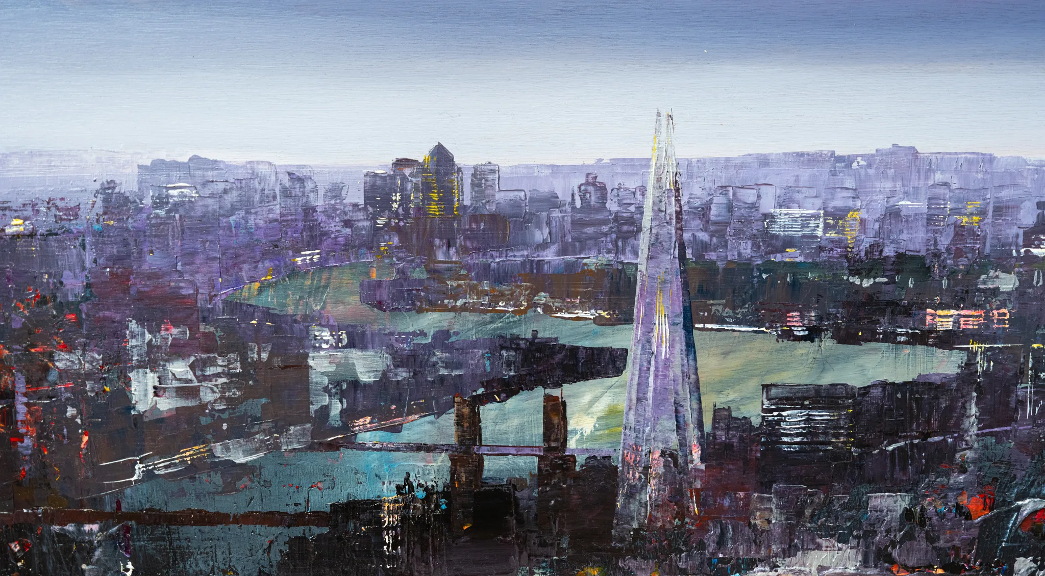 Close-up of London Nocturne, an original mixed media painting by Paul Kenton, showing a textured London skyline at dusk with a tall, pale violet spire rising over a dark river.