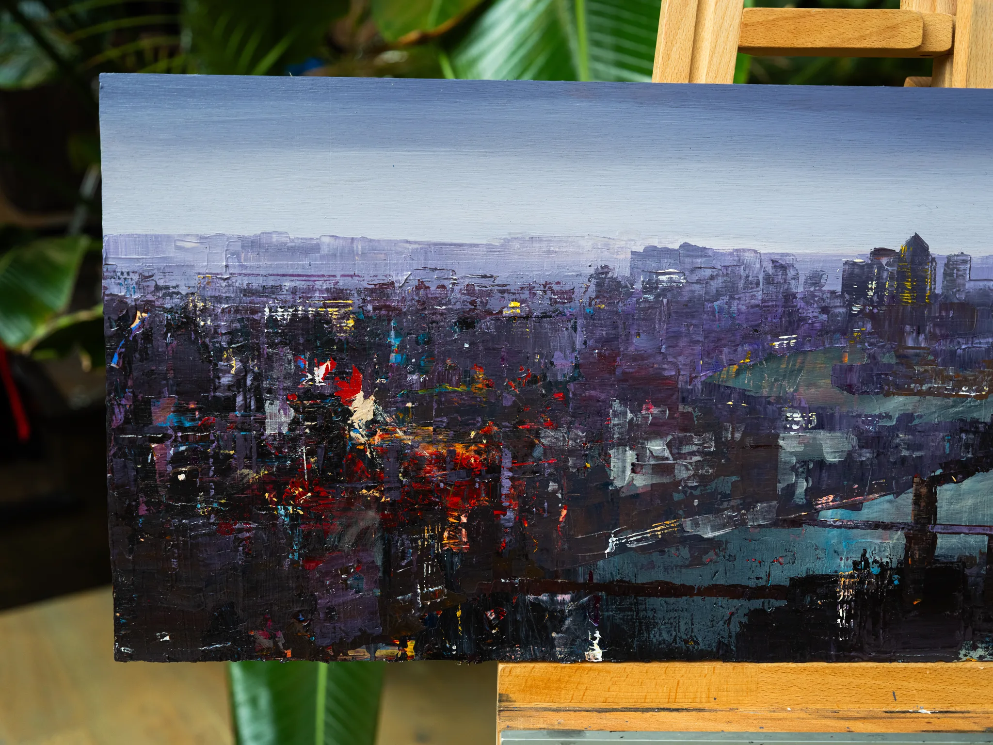 London Nocturne, an original painting by Paul Kenton: a close-up of thick, textured brushwork showing a dusk city skyline in purples and greys, with red and orange lights glowing through dark layers.