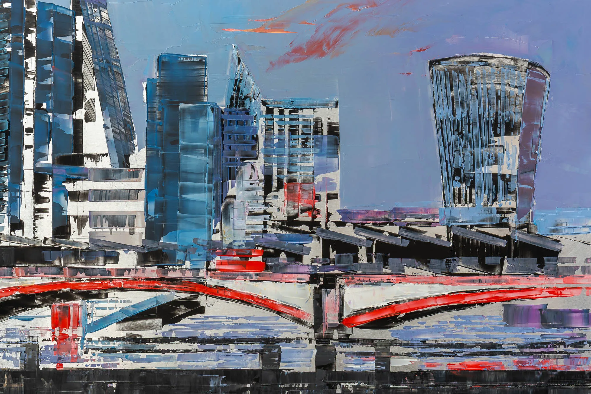Detail of London Reflects, an original painting by Paul Kenton: thick palette-knife strokes of blue, white and black build towers, with red arches of a bridge across the water below.