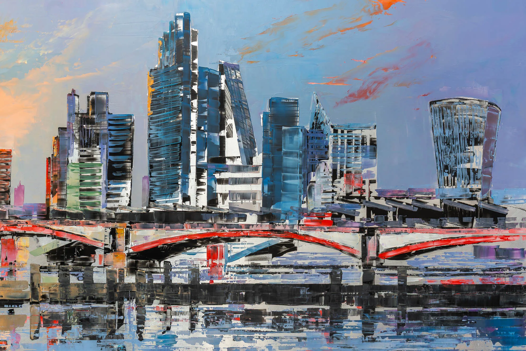 Close-up of London Reflects, an original painting by Paul Kenton: thick palette-knife strokes show glass towers, a red-arched bridge and rippling reflections in blue, grey and orange.