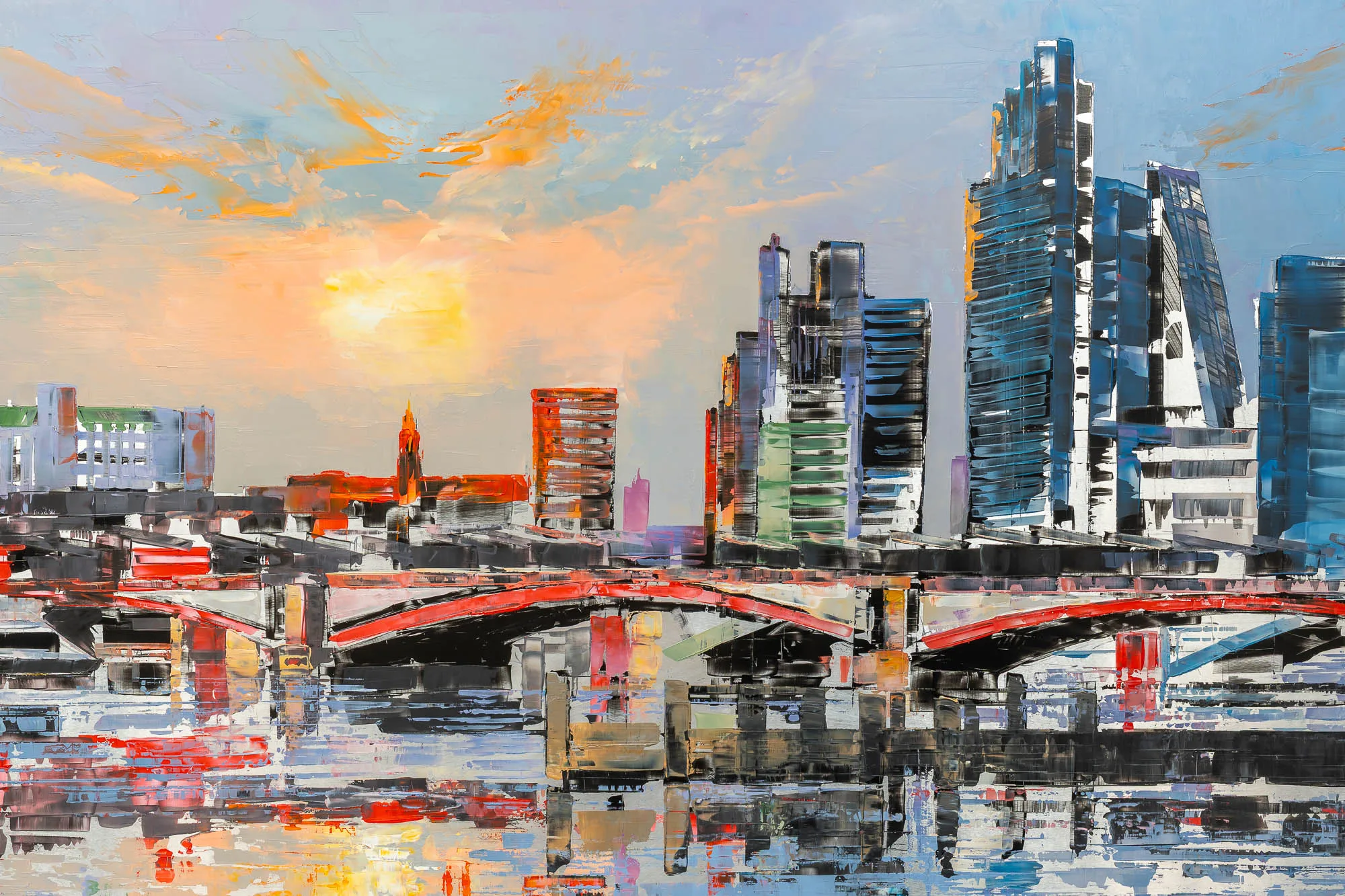Close-up of London Reflects, an original painting by Paul Kenton: thick palette-knife strokes of blue glass towers, a red arched bridge and a glowing sunset reflected in rippling water.