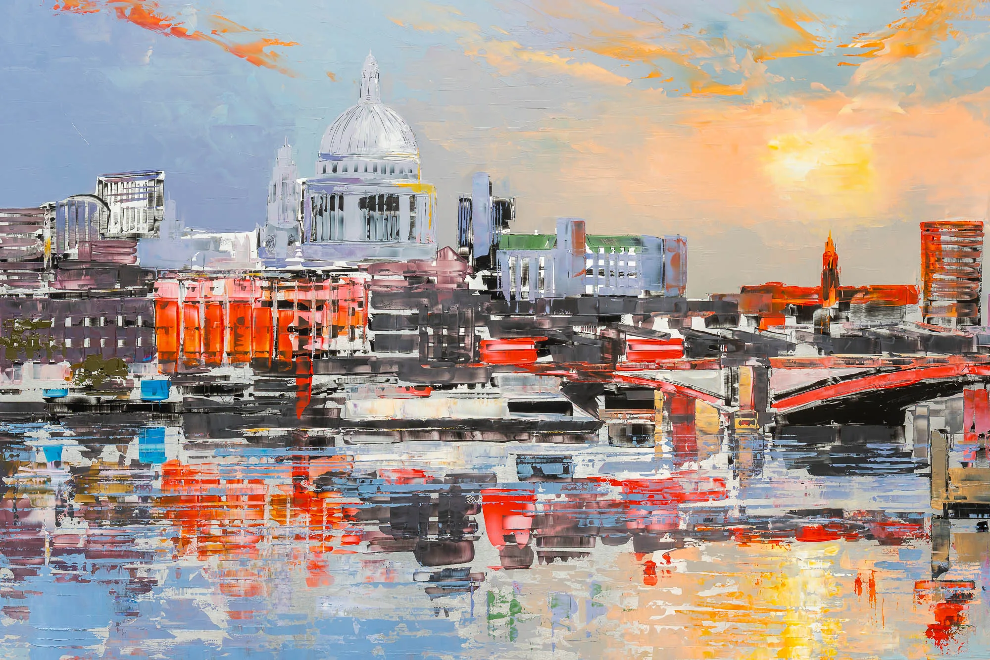 Close-up of London Reflects, an original painting by Paul Kenton showing St Paul's dome and the City skyline above the Thames, with thick textured strokes of red, orange and grey mirrored in the water beneath a warm sunset sky.