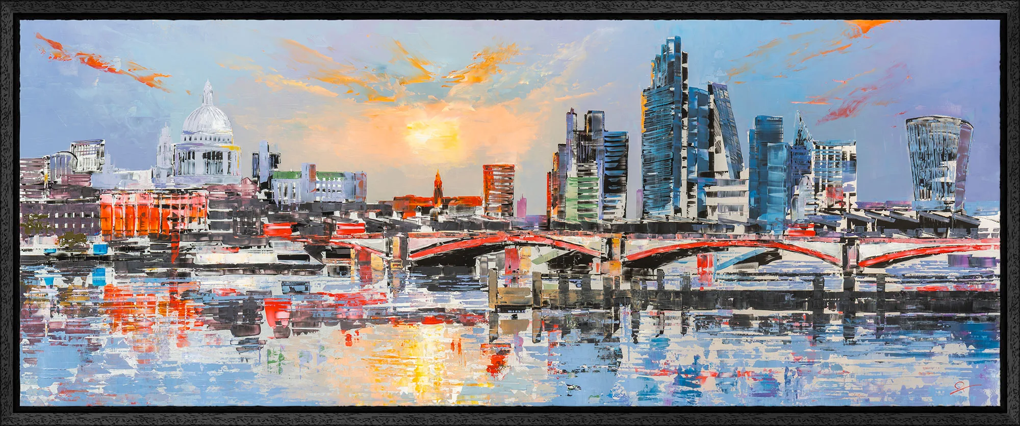 London Reflects, an original oil painting by Paul Kenton shown in a black frame: a bold, textured London skyline at sunset with St Paul's dome, a red-trimmed bridge and glass towers reflected in the river.