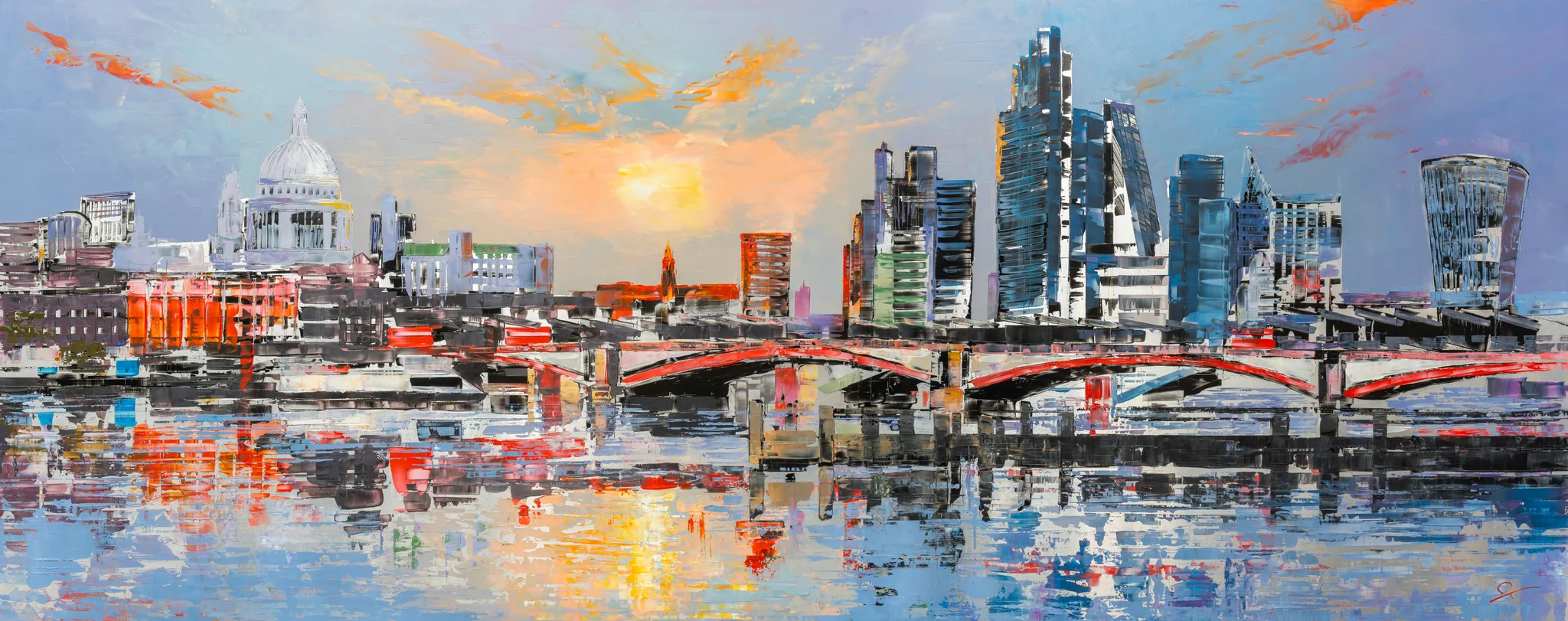 London Reflects, an original painting by Paul Kenton: a textured panorama of the Thames at sunset, with St Paul's dome, a red-arched bridge and glass towers reflected in warm, rippling water.