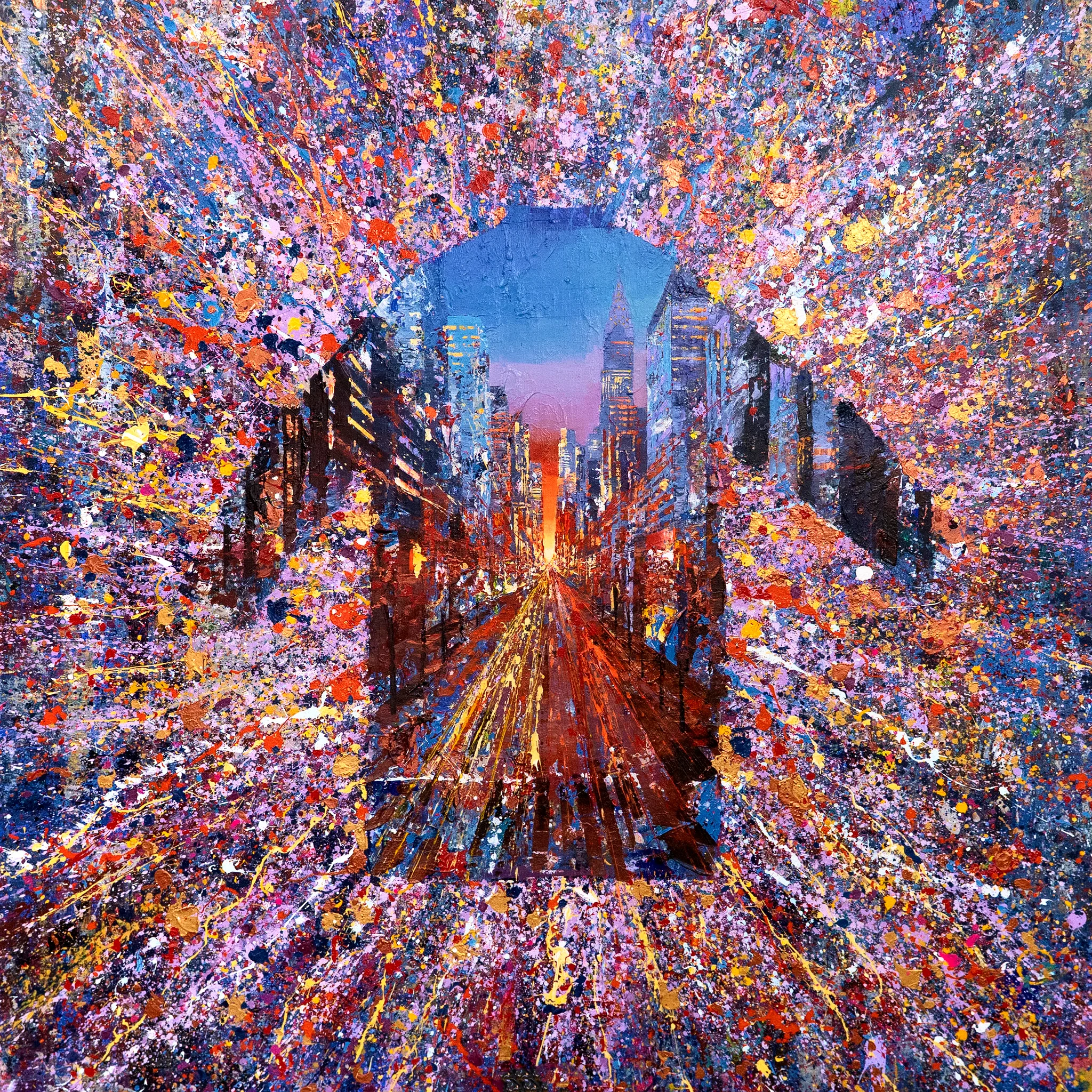 Manhattan Burst, an original painting by Paul Kenton: a glowing city avenue at dusk framed by an arch of bursting, splattered red, violet and gold paint.