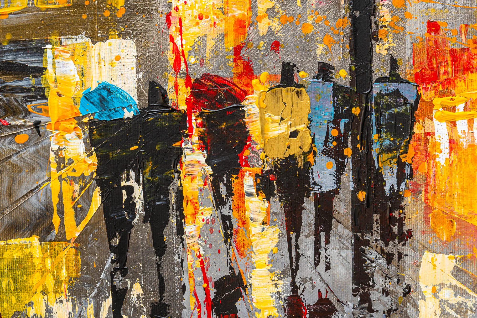 Close-up of Midtown Haze, an original painting by Paul Kenton, showing thick impasto strokes of black, yellow, red and blue forming blurred figures with umbrellas on a grey New York street.