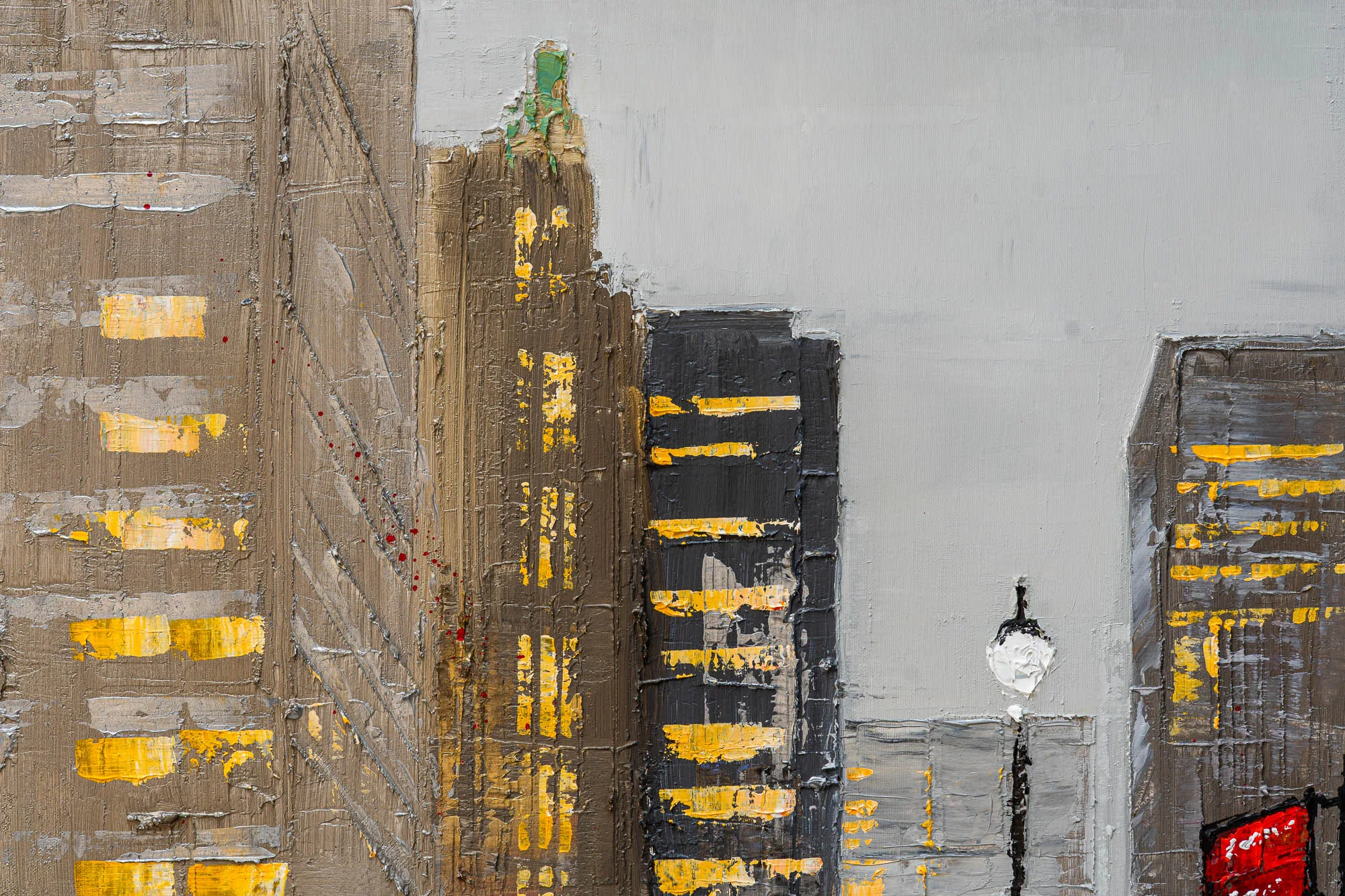 Close-up of Midtown Haze, an original painting by Paul Kenton, showing thick textured brushwork on grey and taupe skyscrapers with yellow window bands, a dark tower, and a small red accent at lower right.