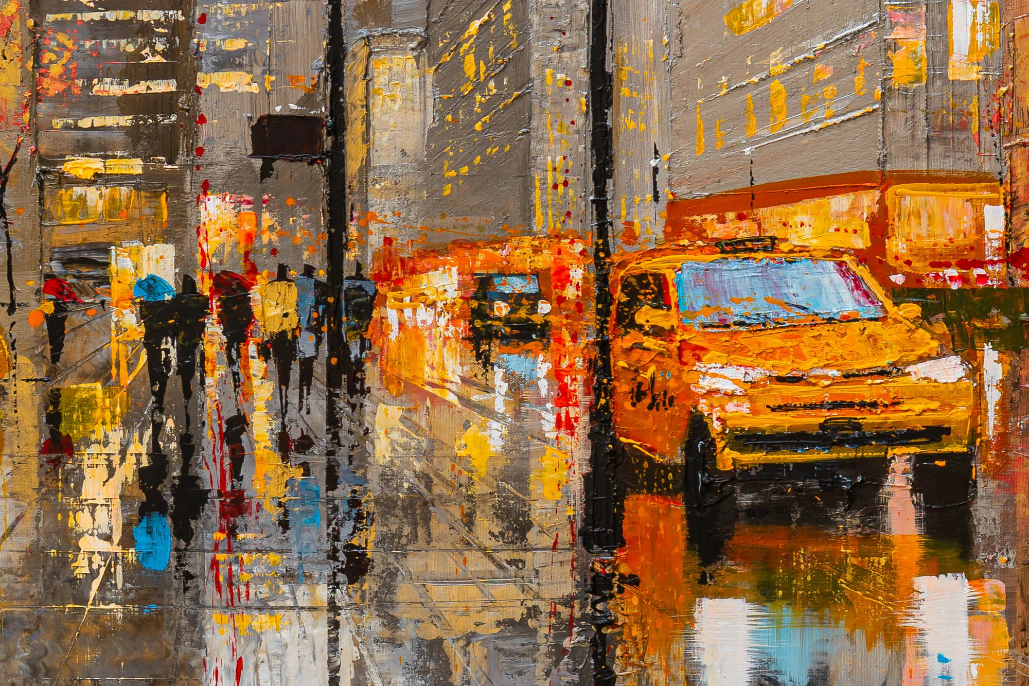Close-up of Midtown Haze, an original painting by Paul Kenton, showing a yellow taxi and blurred pedestrians under umbrellas on a wet New York street, with thick textured paint and reflections.
