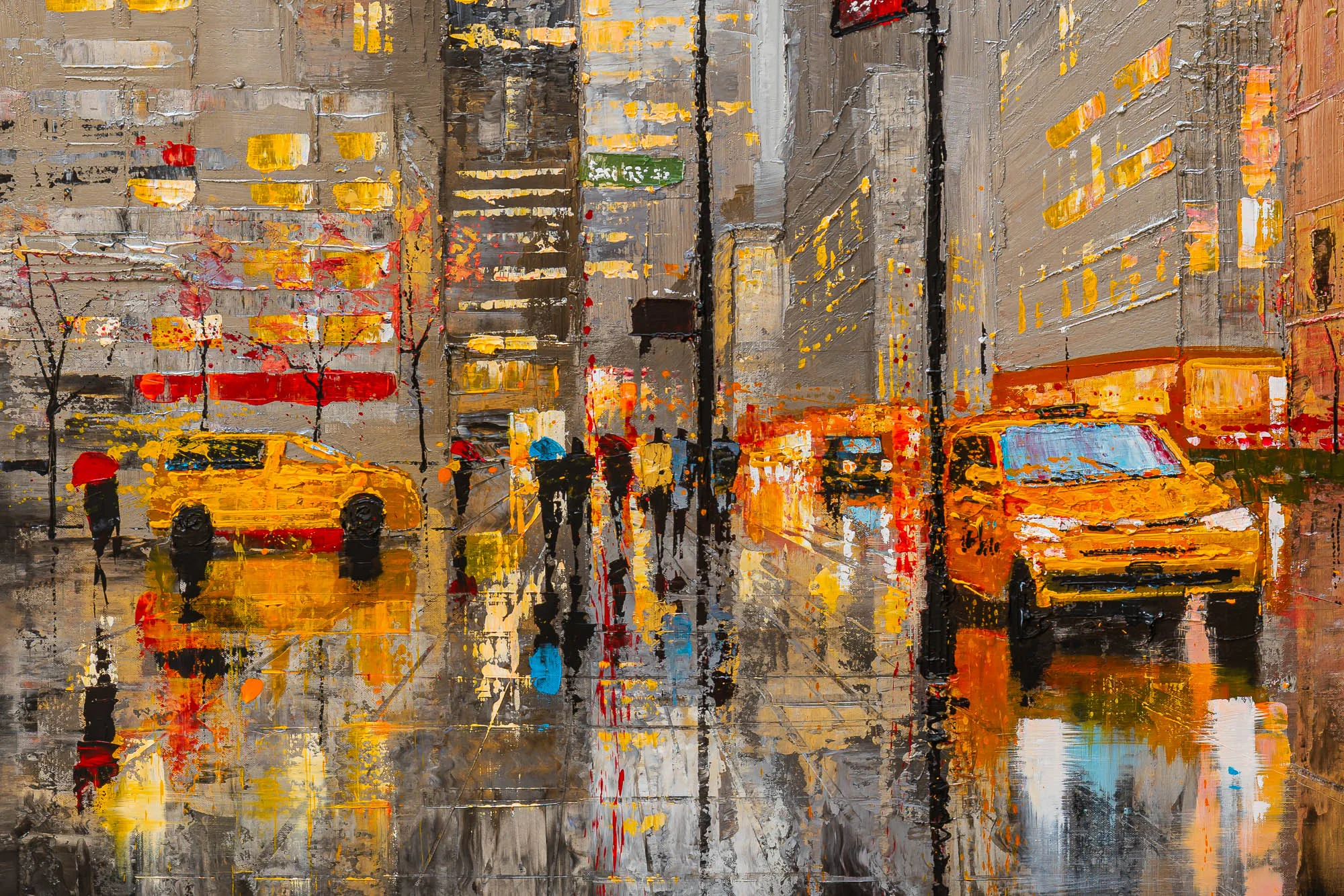 Close detail of Midtown Haze, an original painting by Paul Kenton: thick textured brushwork shows yellow taxis, umbrellas and wet reflections on a rainy New York street, with lit windows above.