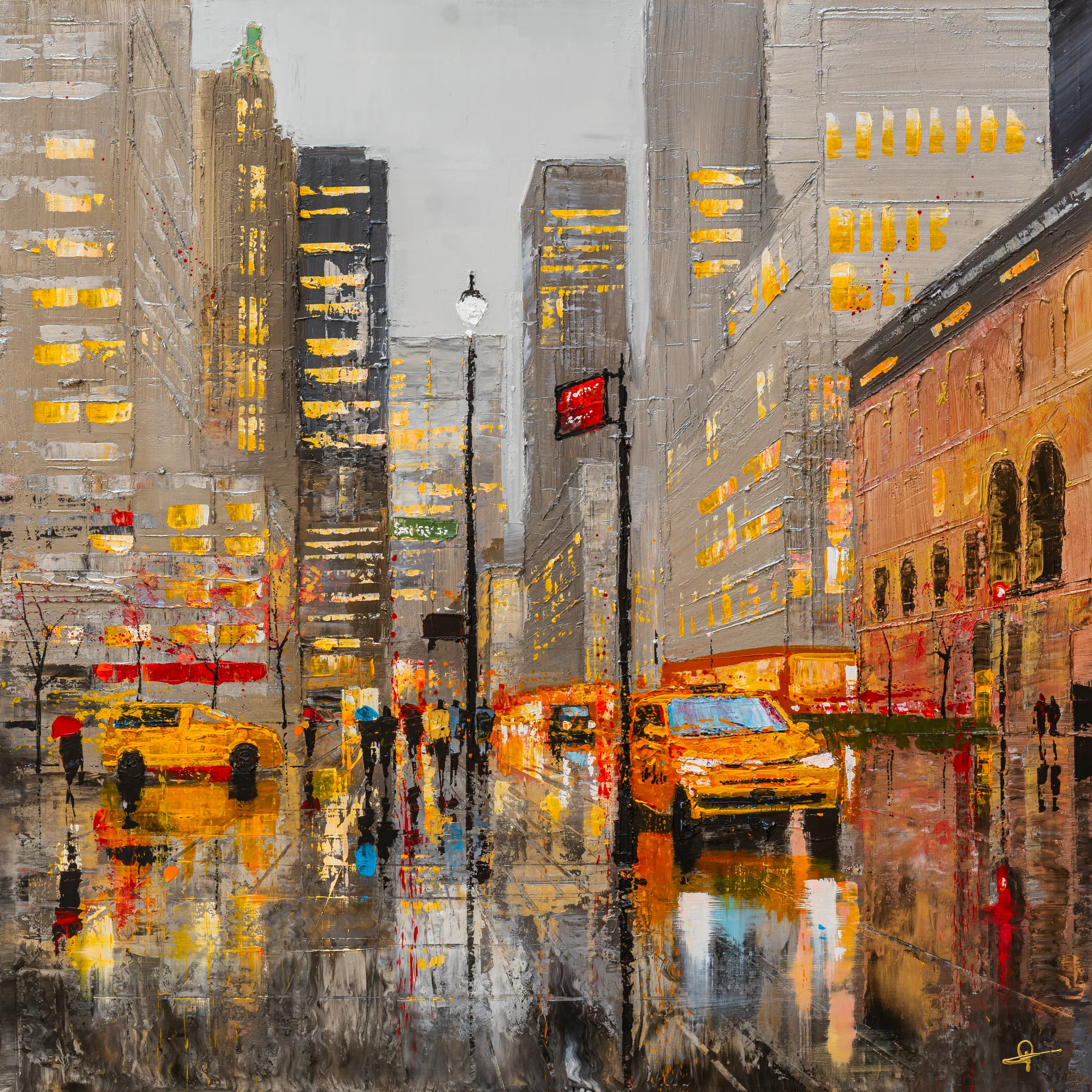 Midtown Haze, an original painting by Paul Kenton: a rain-slick New York street at dusk, yellow taxis and lit office windows glowing through grey, with figures under umbrellas.