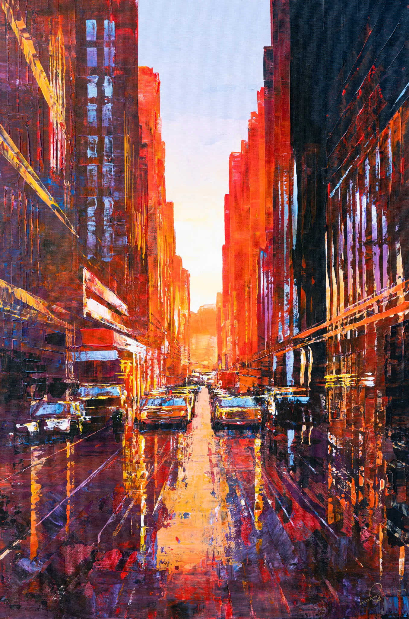 Manhattan Heat, an original painting by Paul Kenton: a sunset street canyon of tall red and orange buildings, with parked cars and glowing reflections on the road, in bold textured strokes.