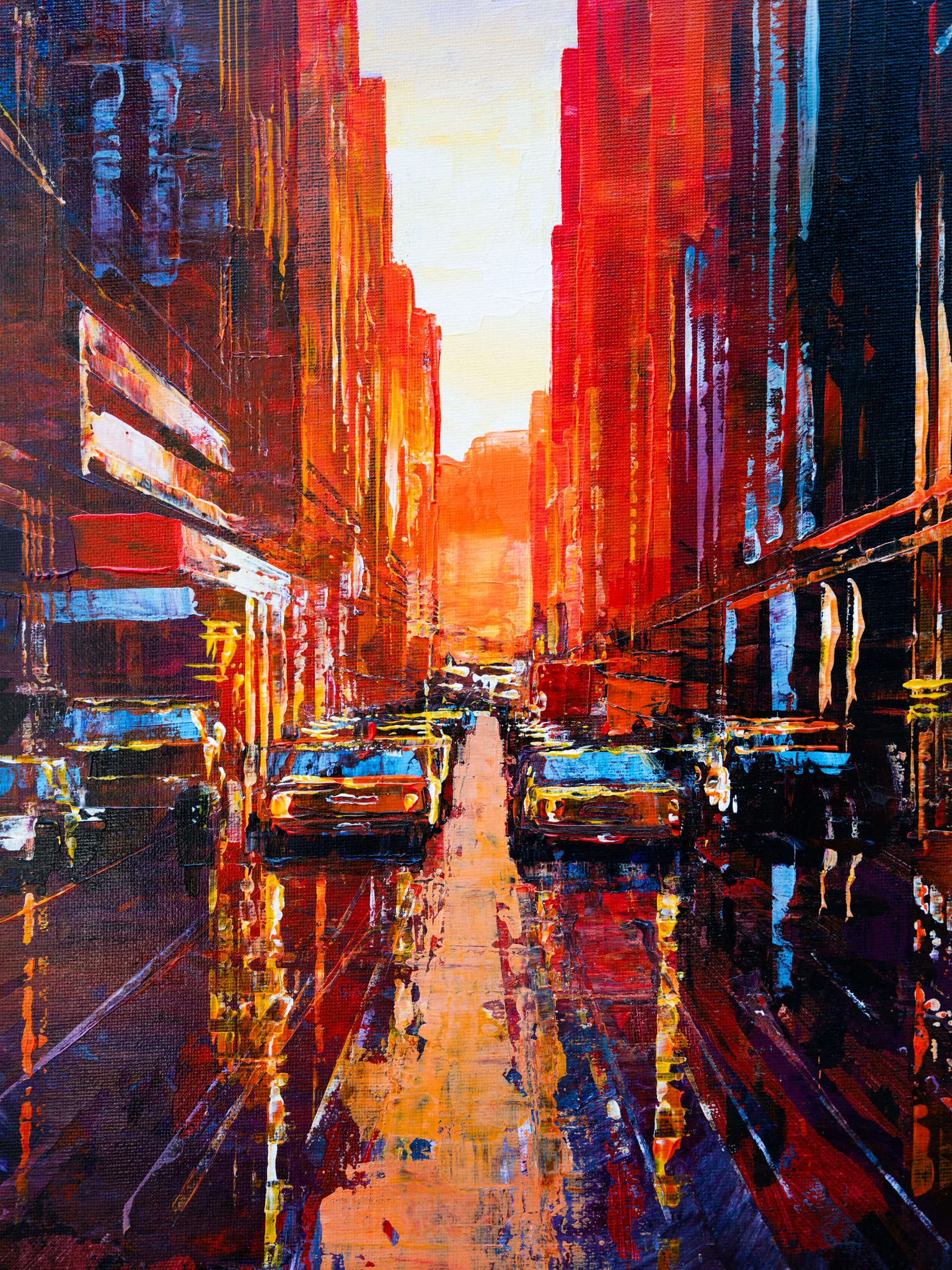 Manhattan Heat, an original painting by Paul Kenton: a close-up of a bright, textured street canyon at sunset, with glowing red and orange towers, parked cars and reflections on wet tarmac.