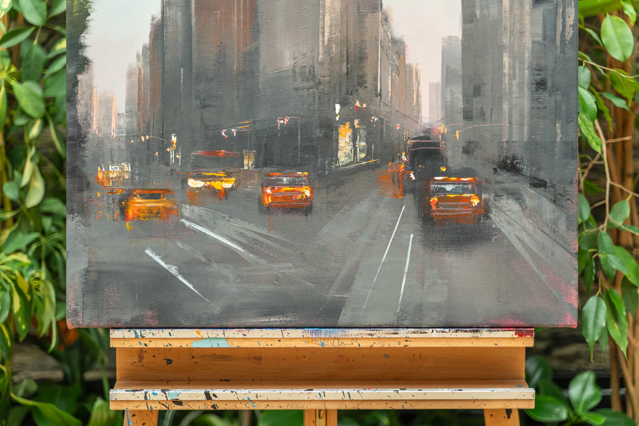 Muted Manhattan, an original oil on canvas by Paul Kenton: a rainy New York avenue of grey towers and glowing yellow taxis, with loose, textured brushwork.