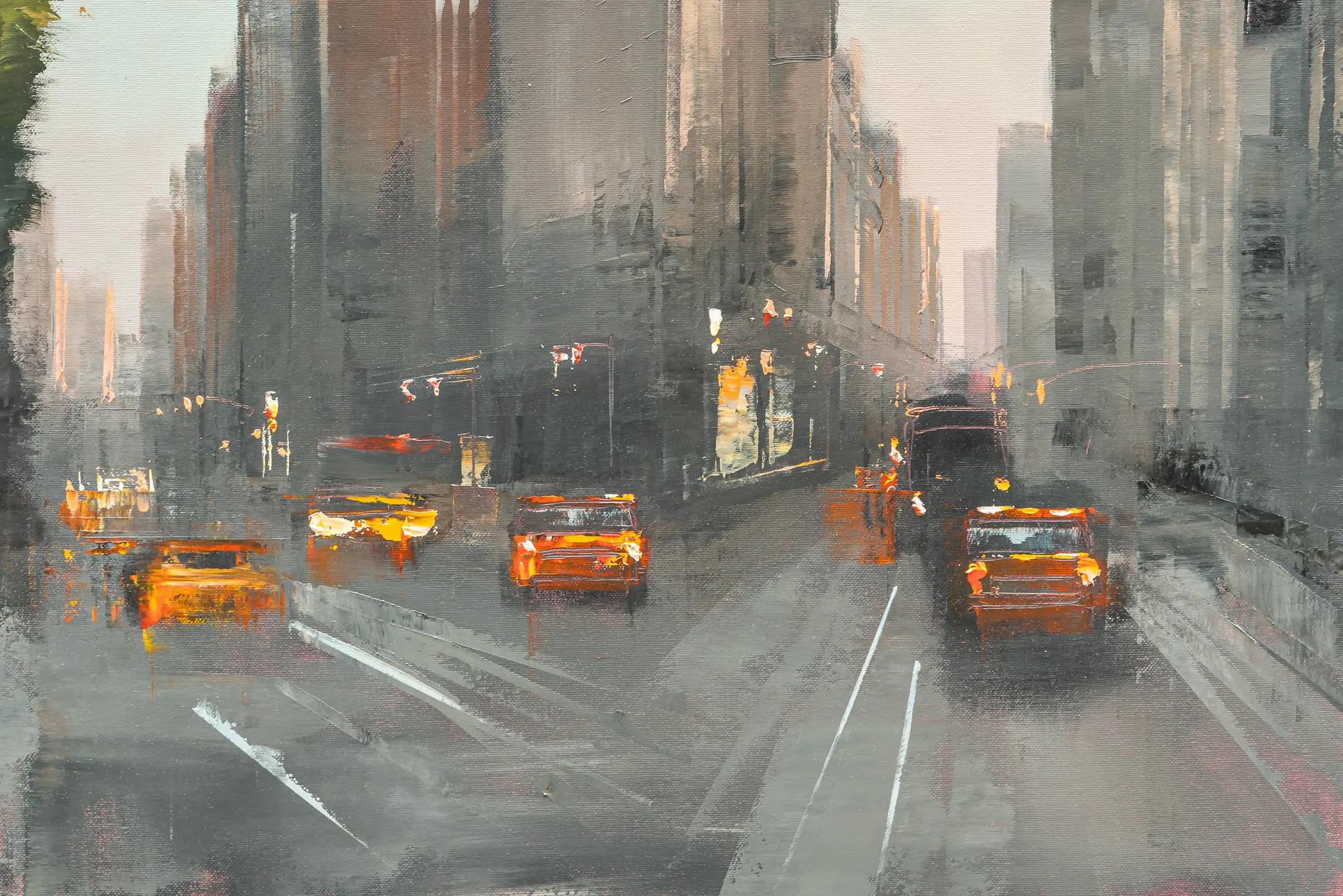 Detail of Muted Manhattan, an original oil painting by Paul Kenton: loose, textured brushwork shows yellow taxis and blurred towers in grey and amber on a rainy New York avenue.