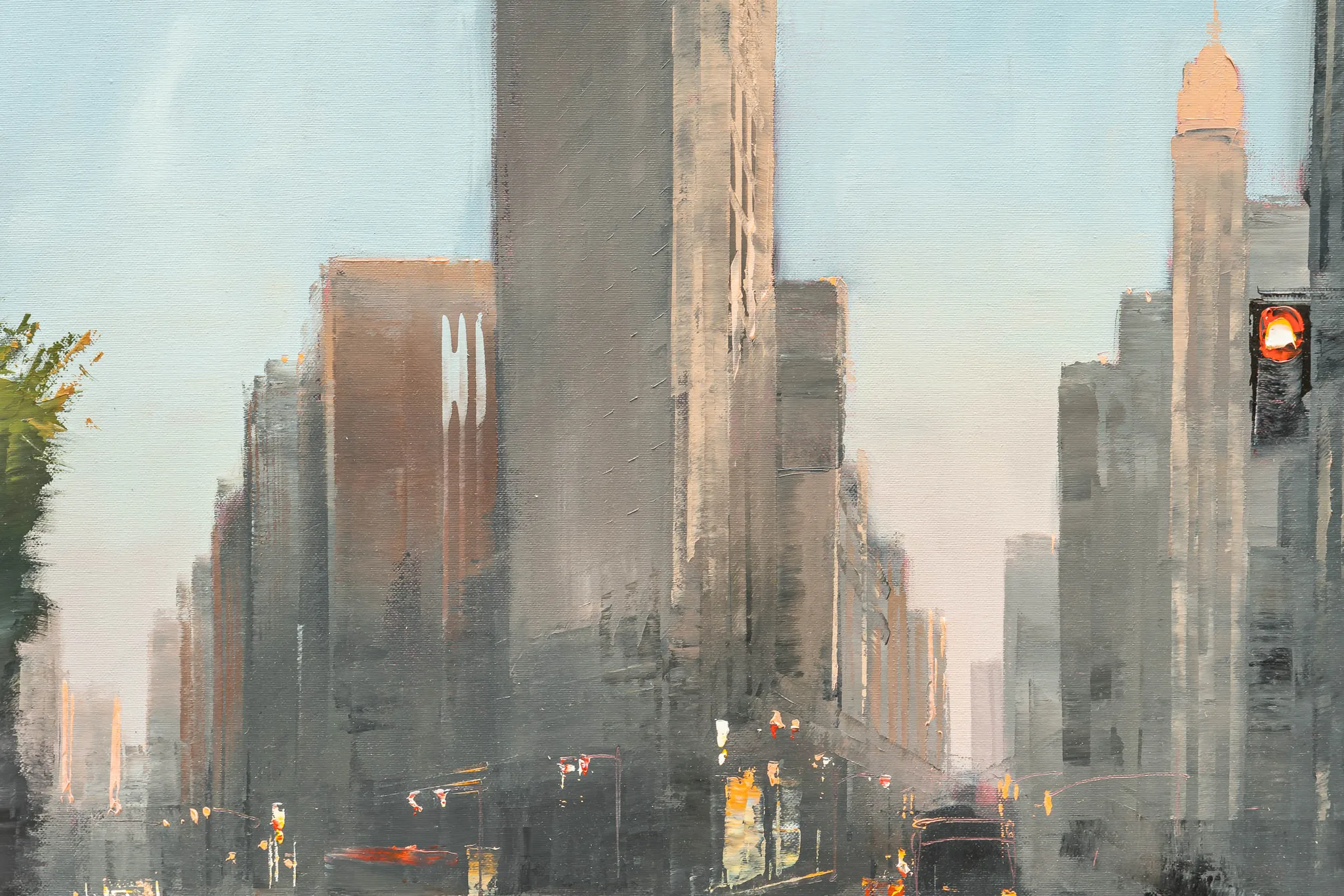 Close-up detail of Muted Manhattan, an original oil painting by Paul Kenton, showing textured grey skyscrapers in soft morning light, a glowing traffic signal and blurred street lights below a pale blue sky.