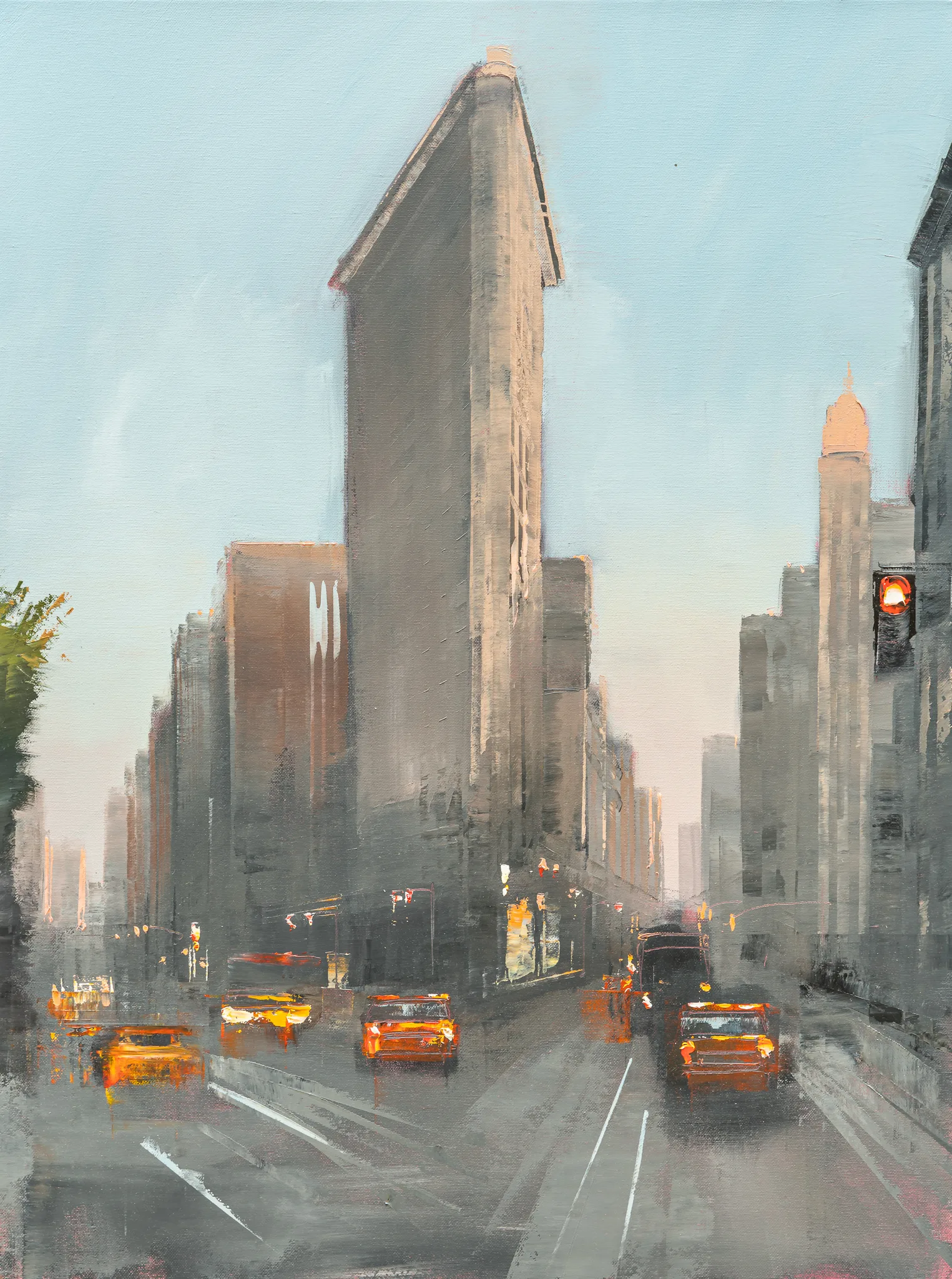 Muted Manhattan, an original oil painting by Paul Kenton: the Flatiron Building rises above a hazy New York avenue in grey and pale blue, with amber-lit taxis below.