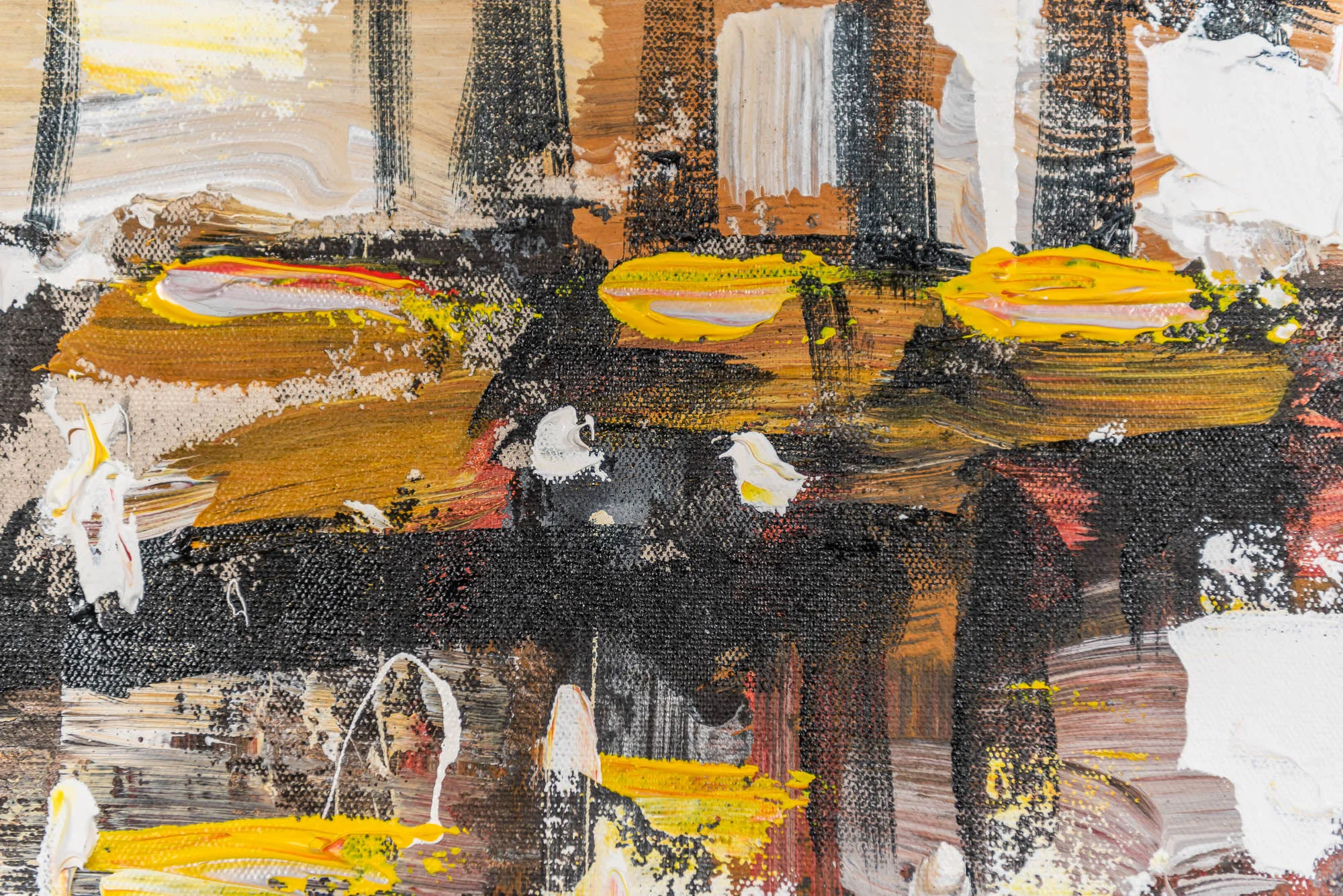 Close-up of Manhattan Showers: thick, textured brushstrokes of ochre, black, white and russet across the canvas, with bright yellow daubs and white impasto flecks suggesting lit windows and rain-washed city forms.